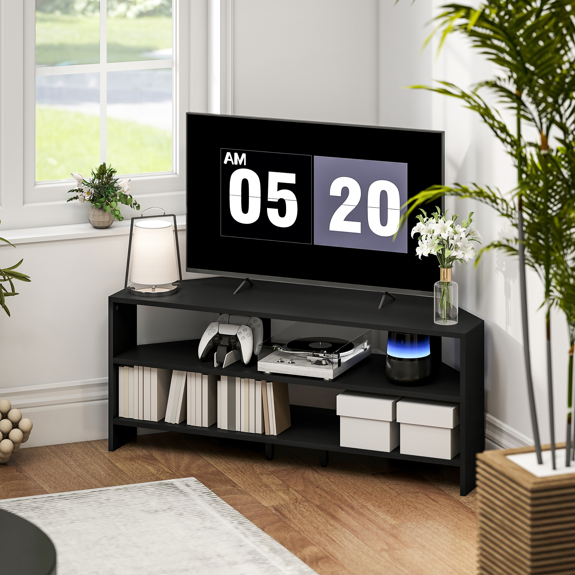 HOMCOM Corner TV Stand, Modern TV Table with 2 Open Shelves for 47 Inch TV, Entertainment Center for Living Room, Black Aosom Canada