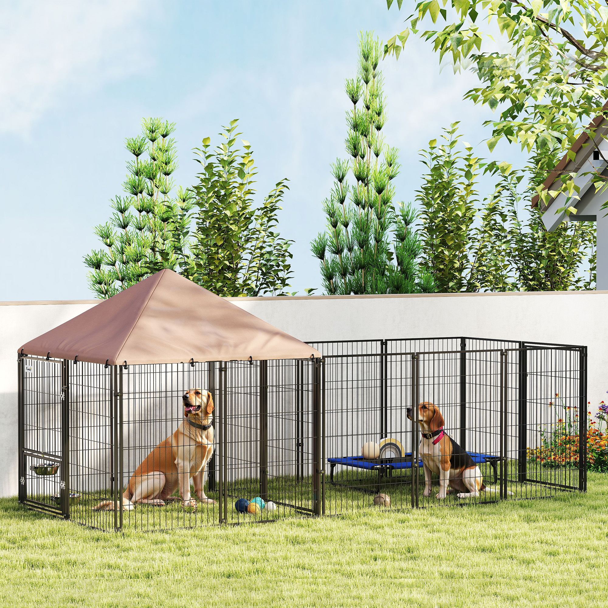 PawHut Outdoor Dog Kennel with Rotating and Adjustable Height Bowls, Waterproof UV-Resistant Cover, 11.3' x 4.7' x 5.1' Aosom Canada