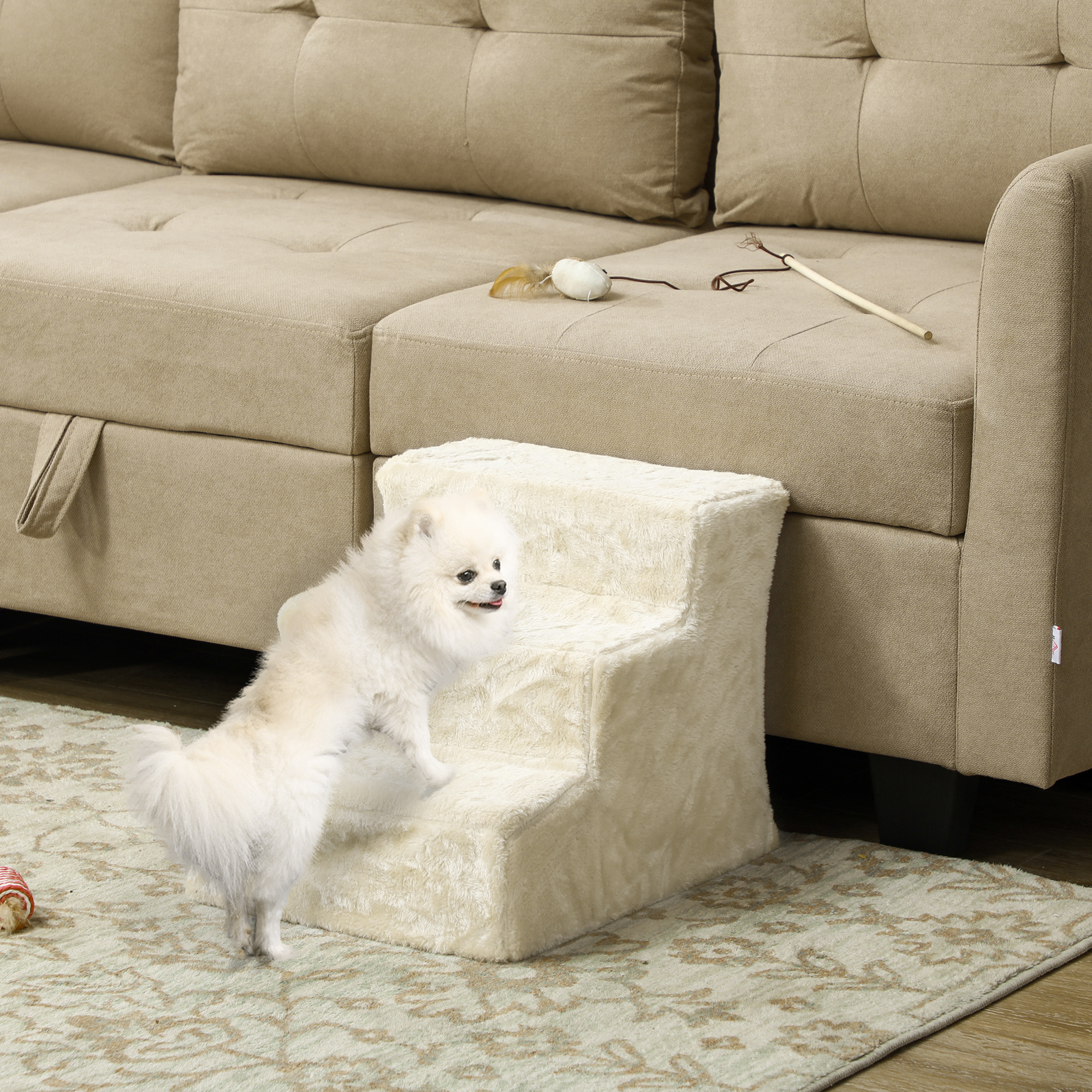 PawHut 3-Step Dog Ramp for Sofa, Bed, and Couch, Pet Steps Ladder with Removable Cover, Beige Aosom Canada
