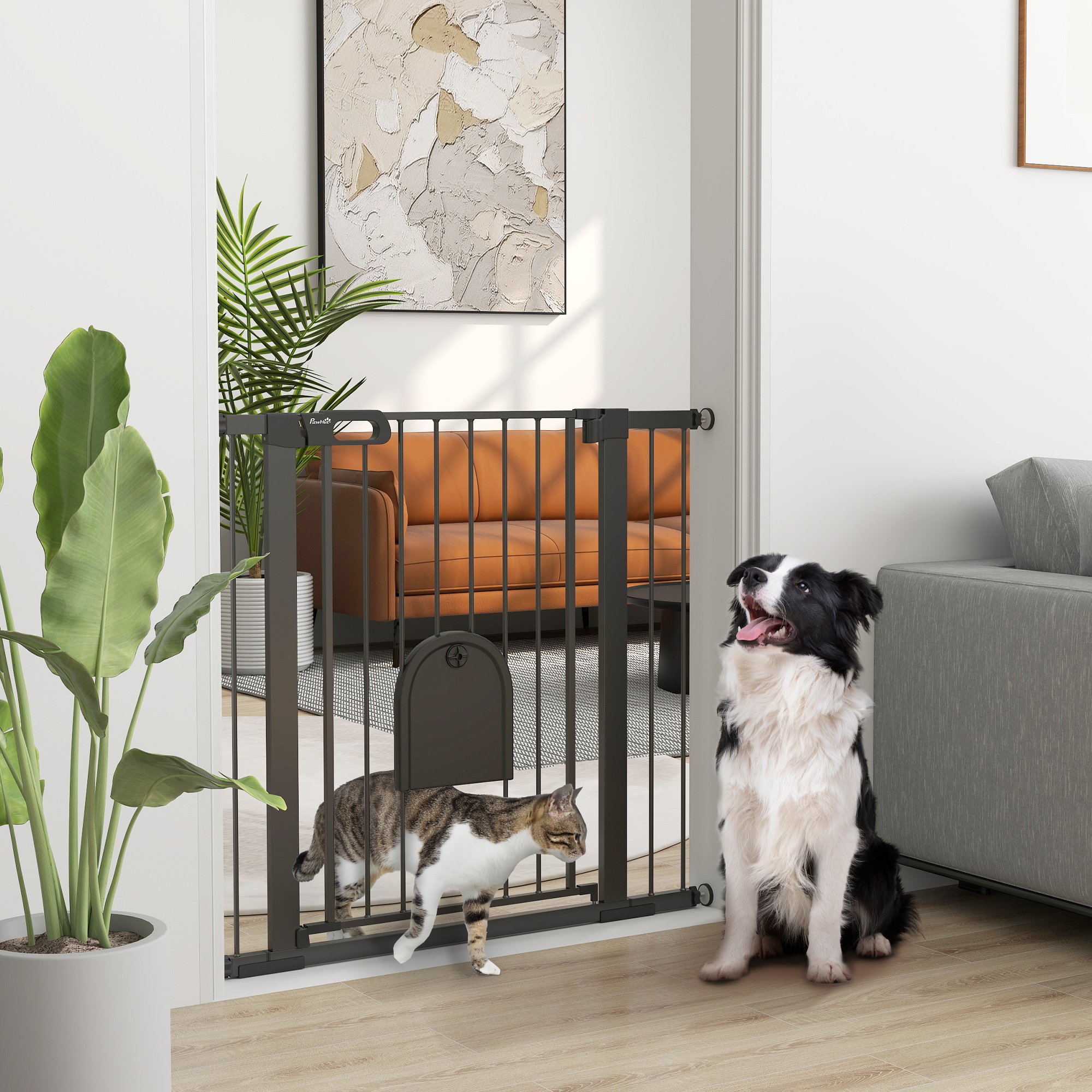 PawHut 30"-41" Dog Gate, Extra Wide Pet Gate Barrier with Small Door, Safety Gate Barrier, Stair Pressure Fit, Black Aosom Canada