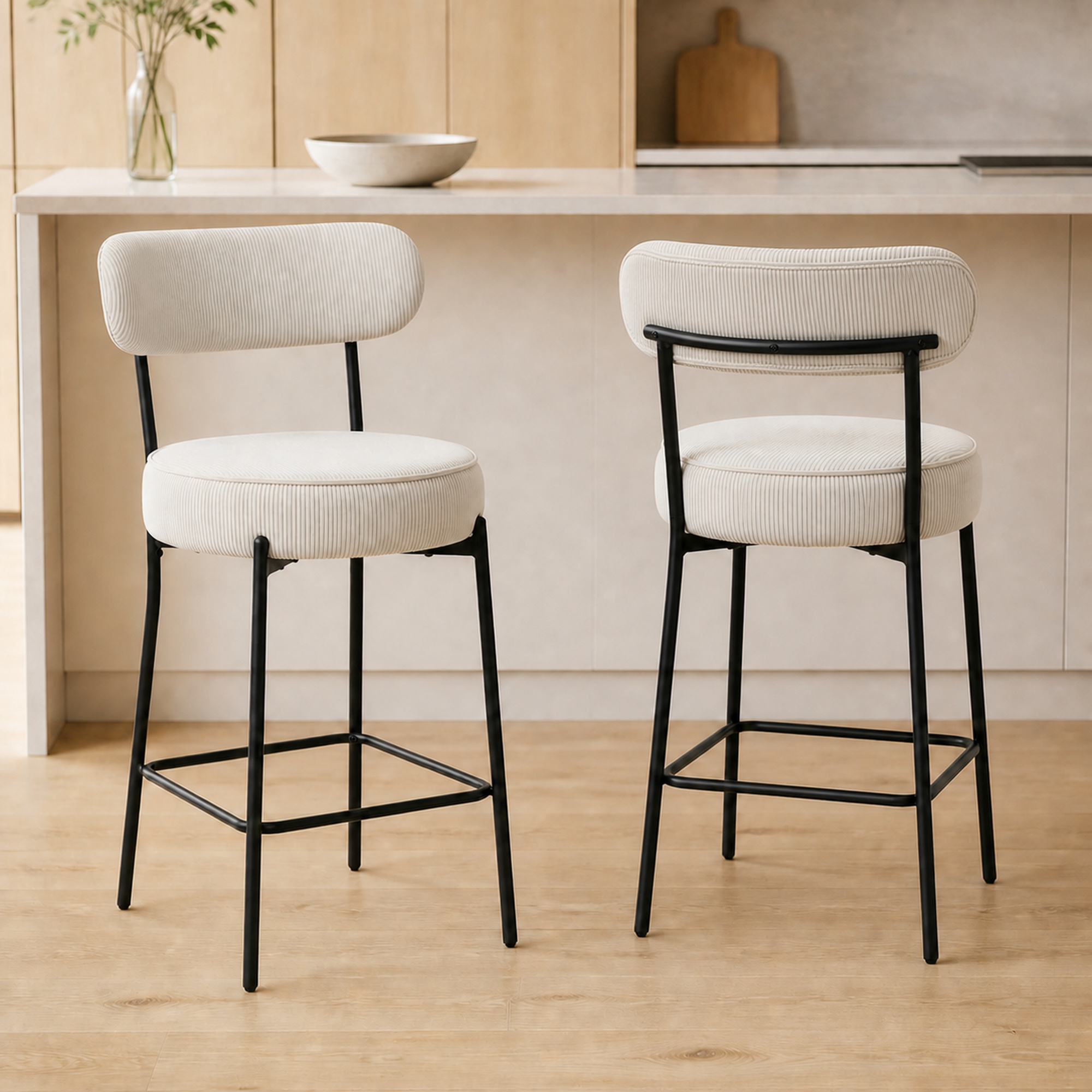 HOMCOM Set of 2 Barstools, Upholstered Corduroy Bar Stools with Backrest, Footrest for Kitchen Island, Dining Room, Cream White Aosom Canada