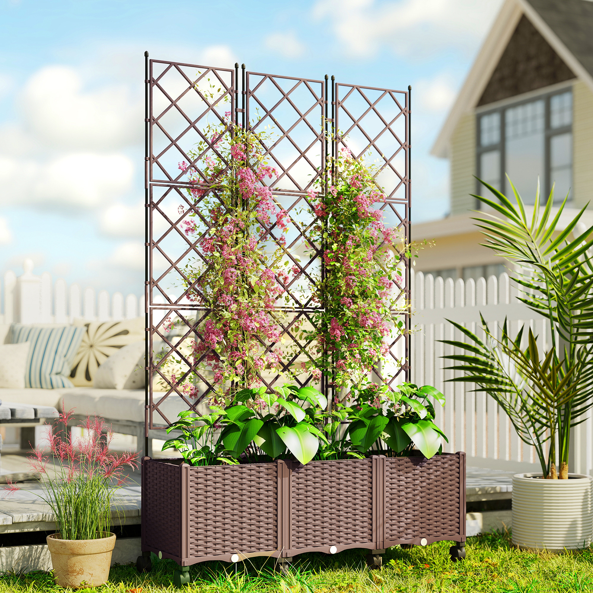 Outsunny Plastic Raised Garden Bed with Trellis, Self Watering Planter Box with Wheels, Drainage Holes and Plugs | Aosom Canada