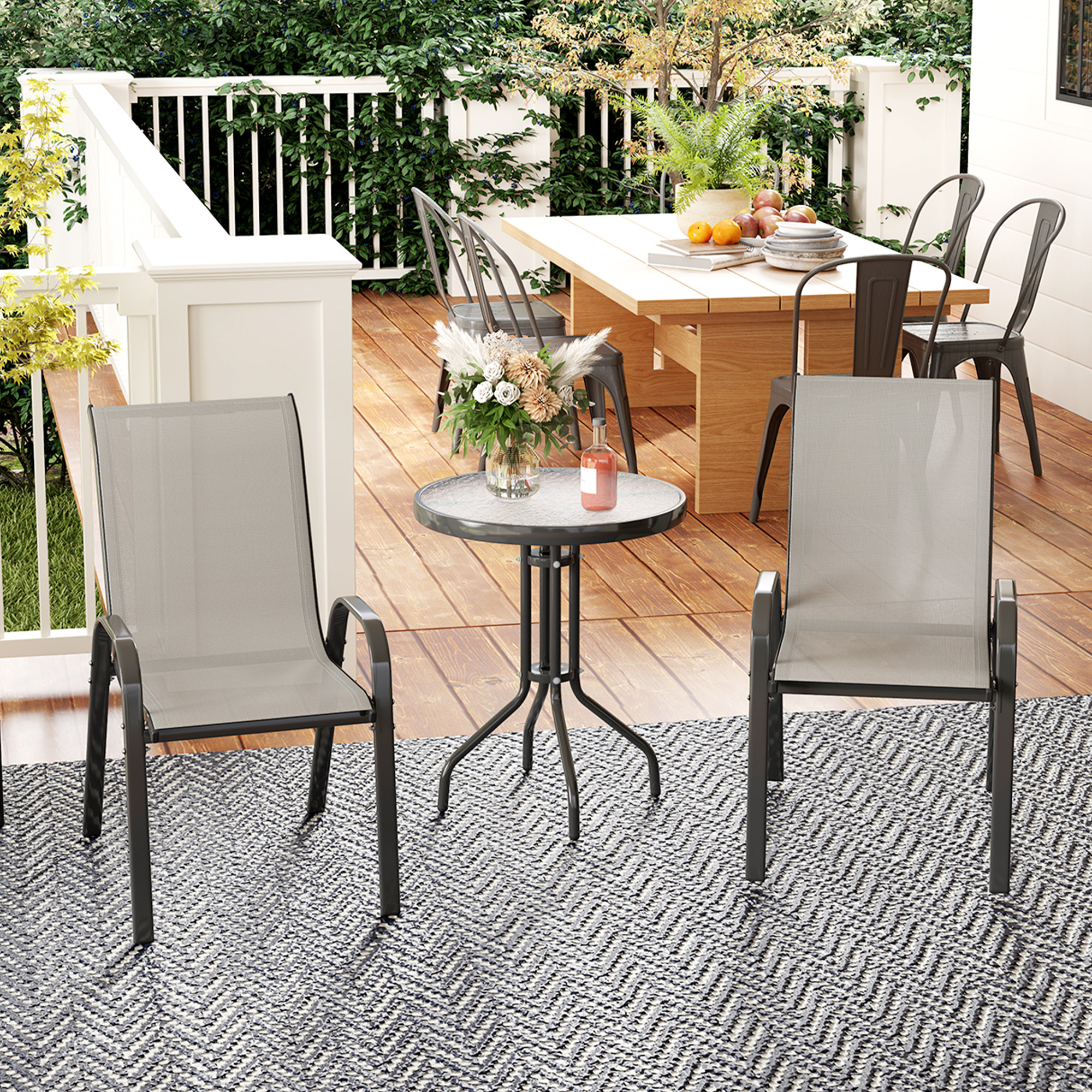 Outsunny 3 Pieces Bistro Set, Small Patio Furniture Set with Stackable Mesh Chairs, Glass Table for Garden, Balcony, Light Grey Aosom Canada