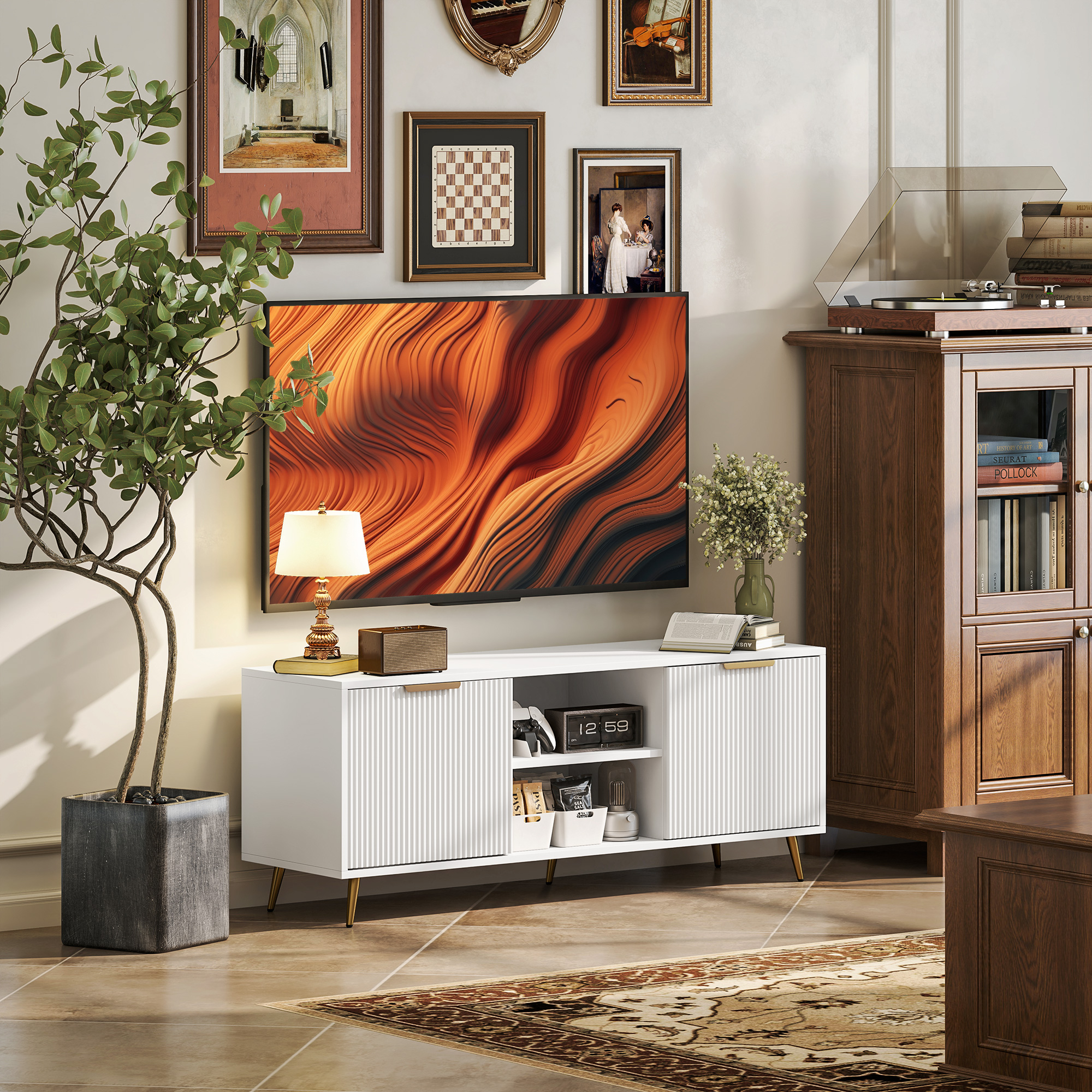 HOMCOM TV Stand with Storage for 55 Inch TV, Modern TV Cabinet with 2 Open Shelves and 2 Cabinets for Living Room, White Aosom Canada