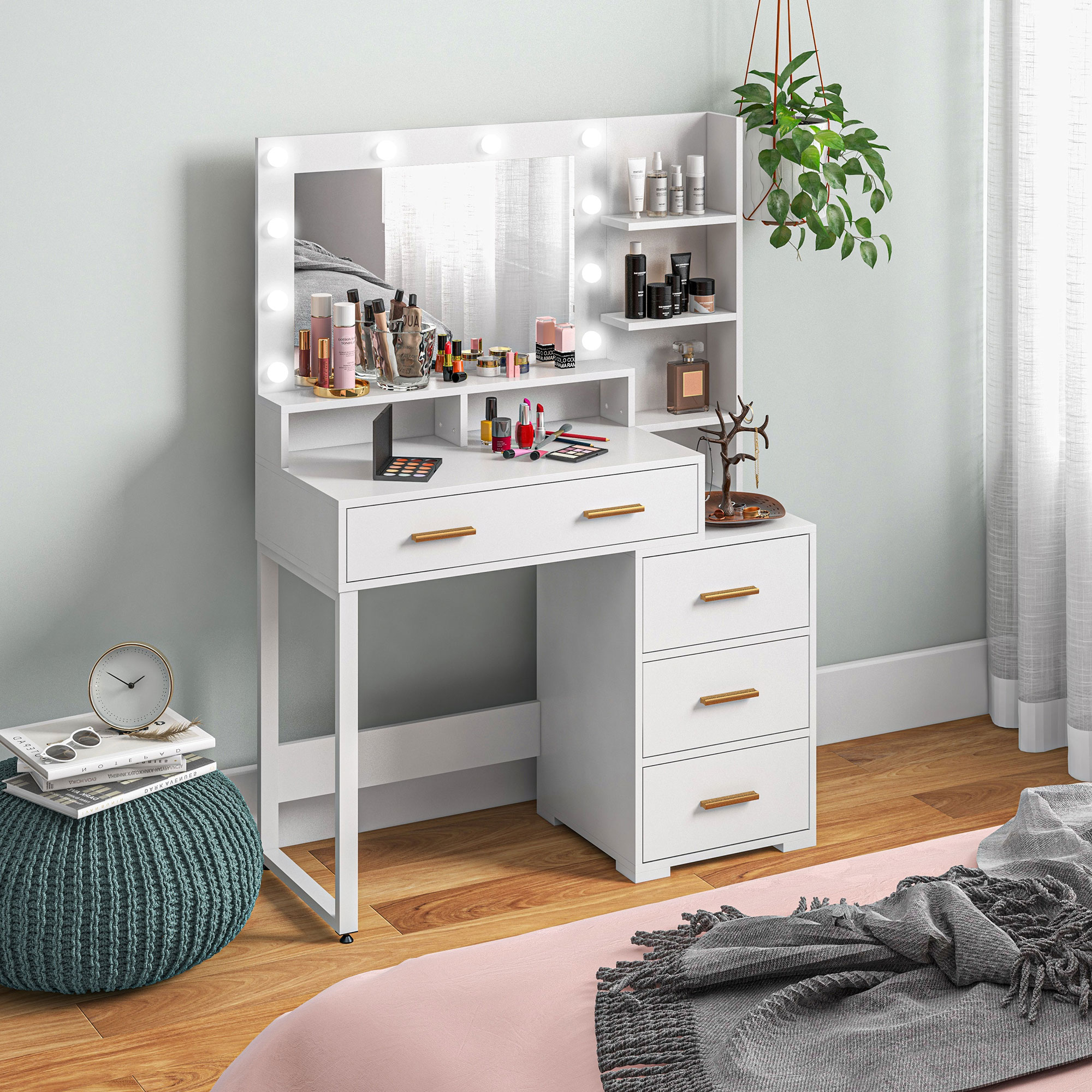 HOMCOM Illuminated Dresssing Table, LED Vanity Table with Mirror, Drawer and Storage Shelves for Bedroom, White Aosom Canada