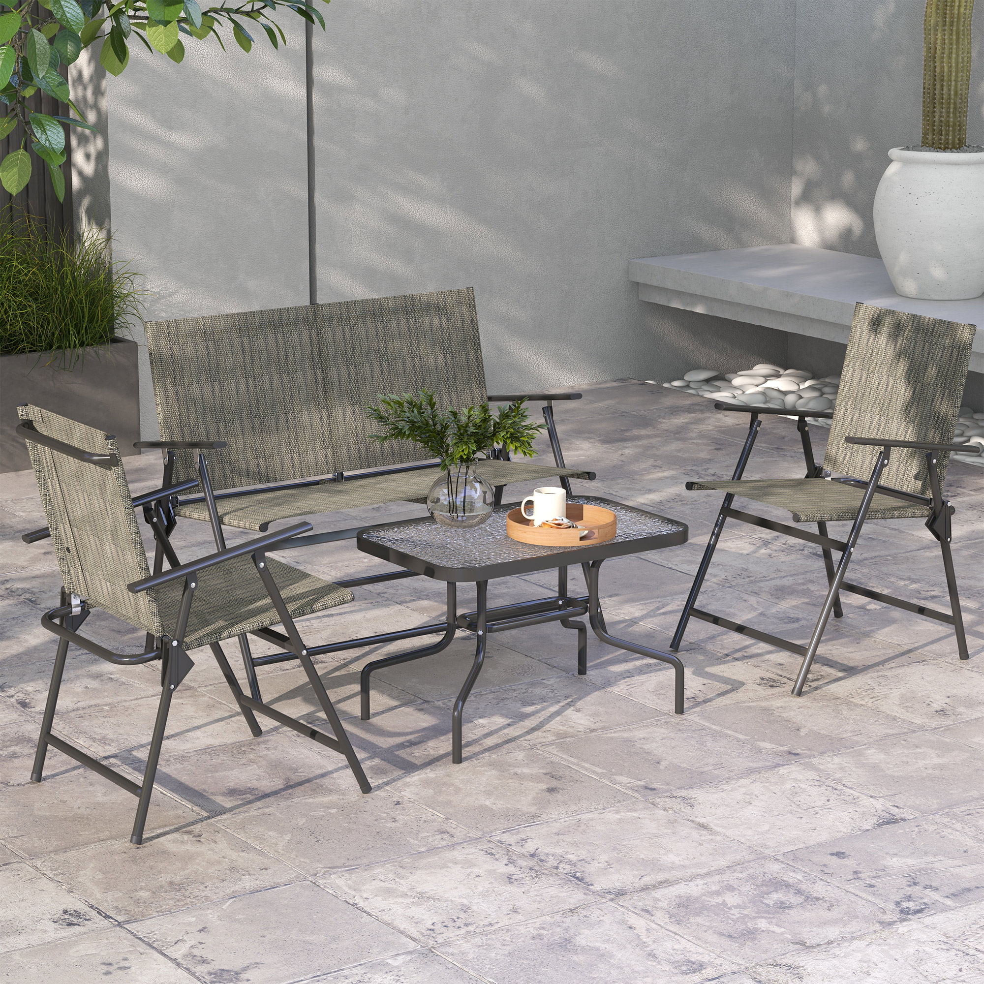 Outsunny Outdoor 4 Pieces Patio Furniture Set, Garden Set with Two Foldable Armchairs, a Loveseat & Glass Top Table, Mixed Brown Aosom Canada