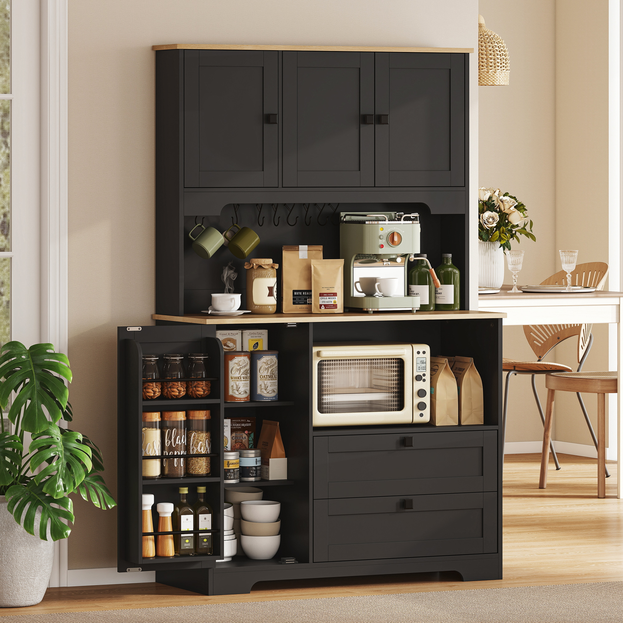 HOMCOM Kitchen Pantry Cabinet, 64" Tall Kitchen Hutch with 3 Cabinets, 2 Drawers, Adjustable Shelves, Microwave Stand, Black Aosom Canada