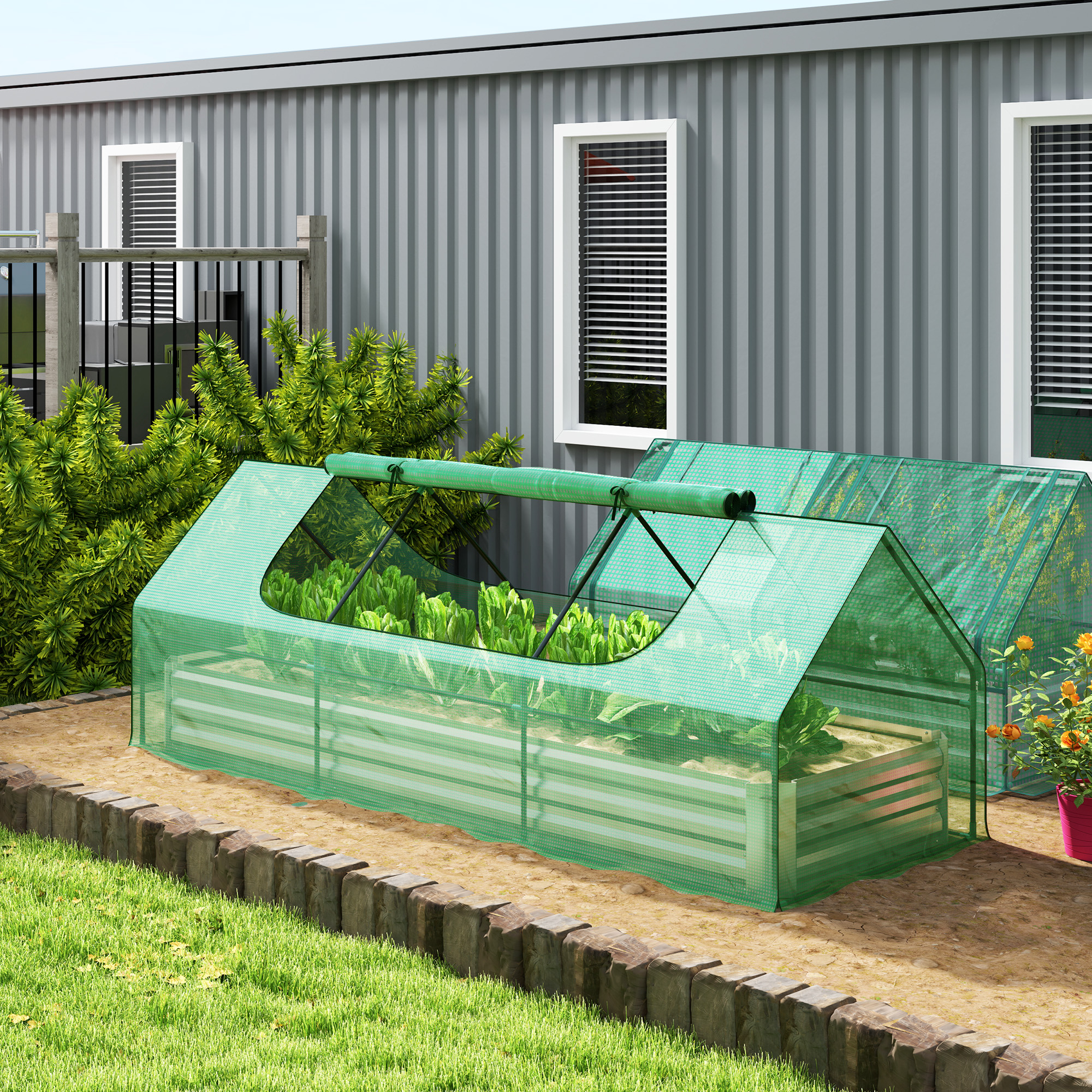 Outsunny 8.6 x 3 x 1ft Raised Garden Bed with Mini Greenhouse, Galvanized Raised Garden Bed with Cover for Herbs and Vegetables, Small Greenhouse for Patio Garden Balcony, Green Aosom Canada