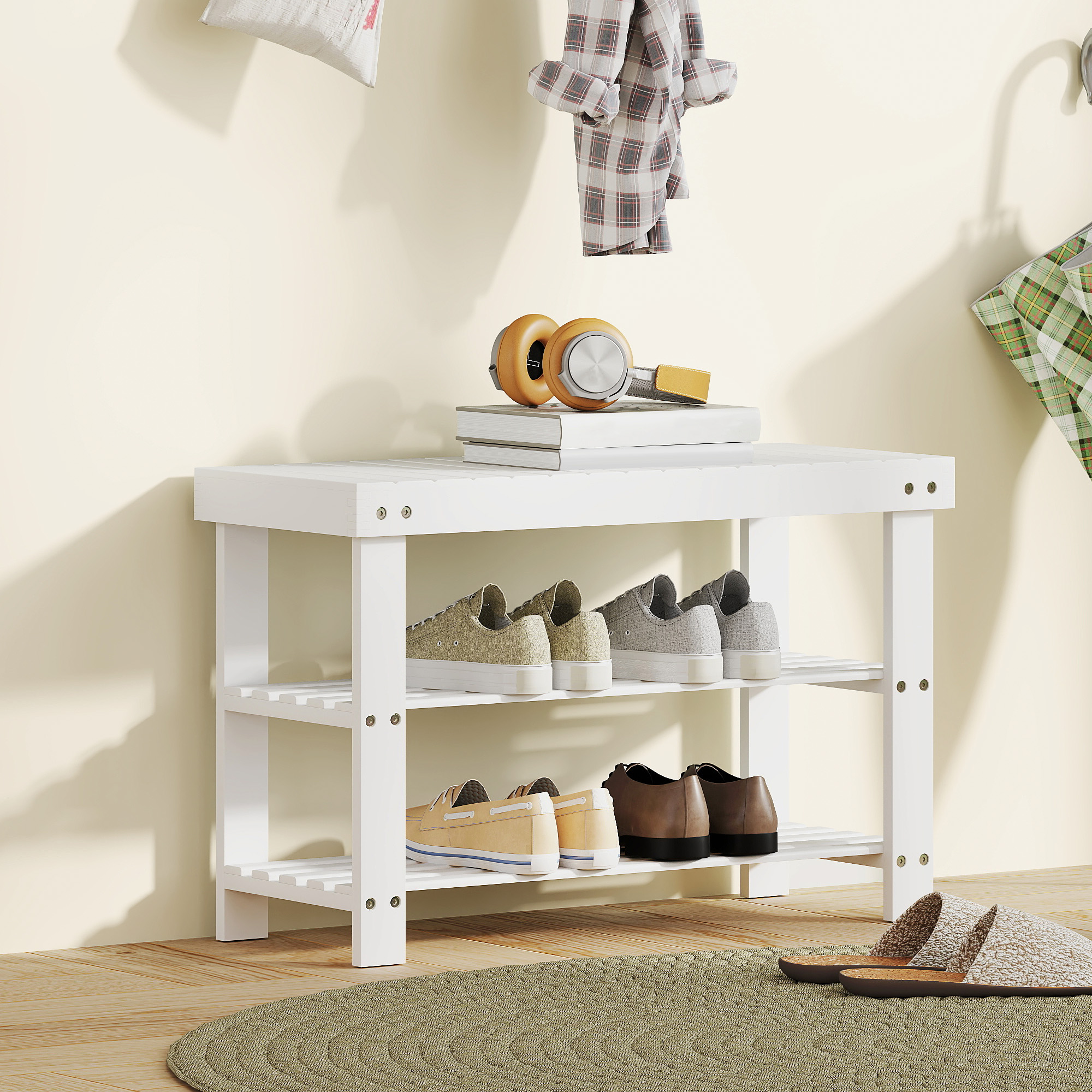 HOMCOM Bamboo Shoe Storage Bench, 3-Tier Entryway Bench with 2 Storage Shelves for Hallway, Holds 6 Pairs, White Aosom Canada