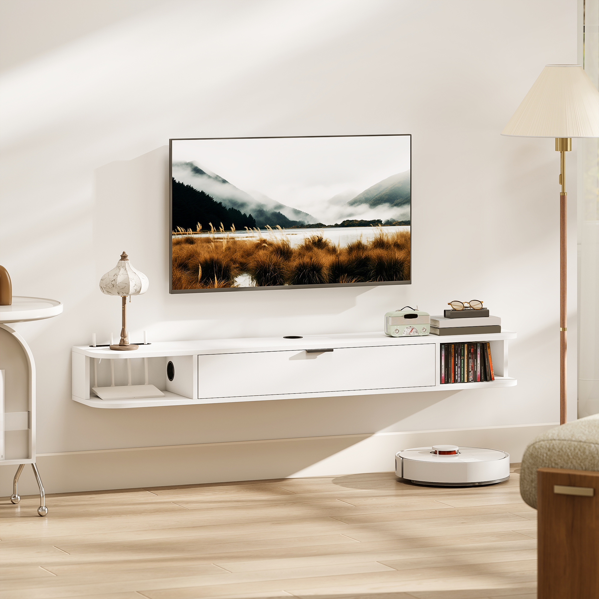 HOMCOM 55" Floating TV Stand for TVs up to 60 Inch, Wall Mounted Media Console with Flip Drawer and 2 Open Shelves, White Aosom Canada