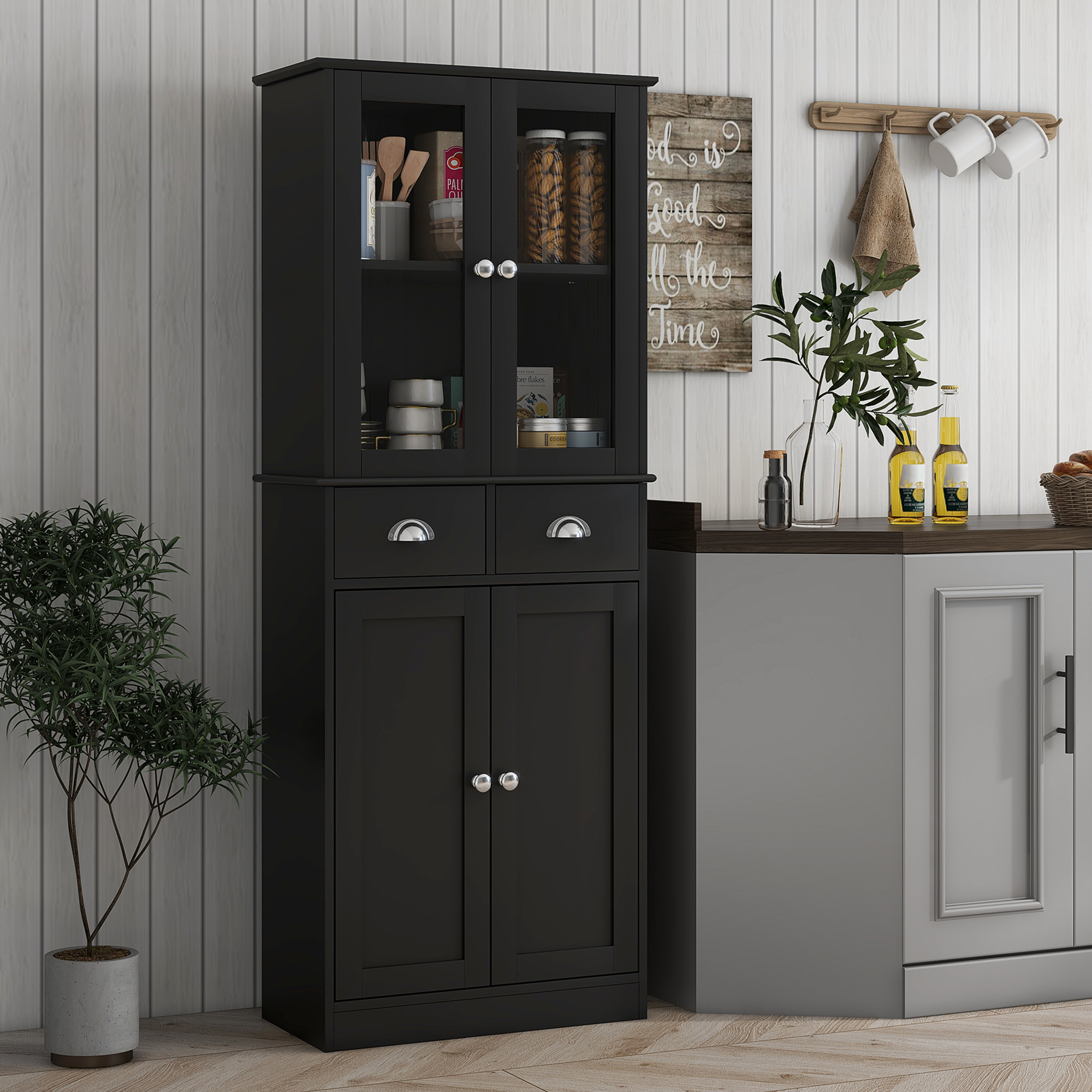 HOMCOM 61" Kitchen Pantry Cabinet, Freestanding Farmhouse Storage Cabinet with Soft Close Glass Doors and Adjustable Shelves, Black Aosom Canada
