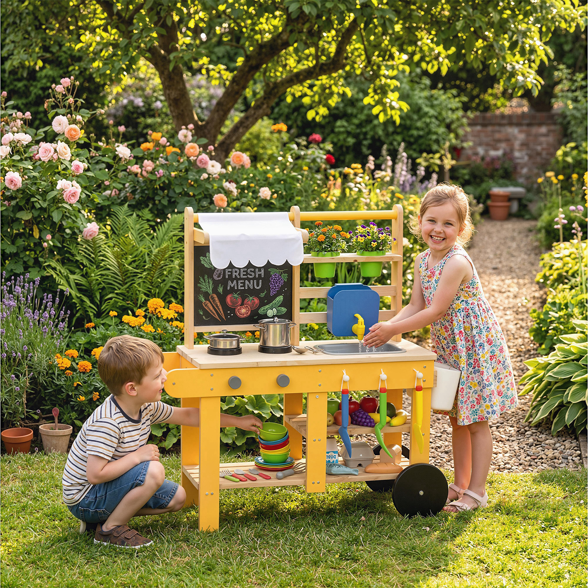 Qaba Mud Kitchen for Kids Outdoor with Wheels, Wooden Play Kitchen with Sink, Storage, Planting Pots, Blackboard, Yellow Aosom Canada