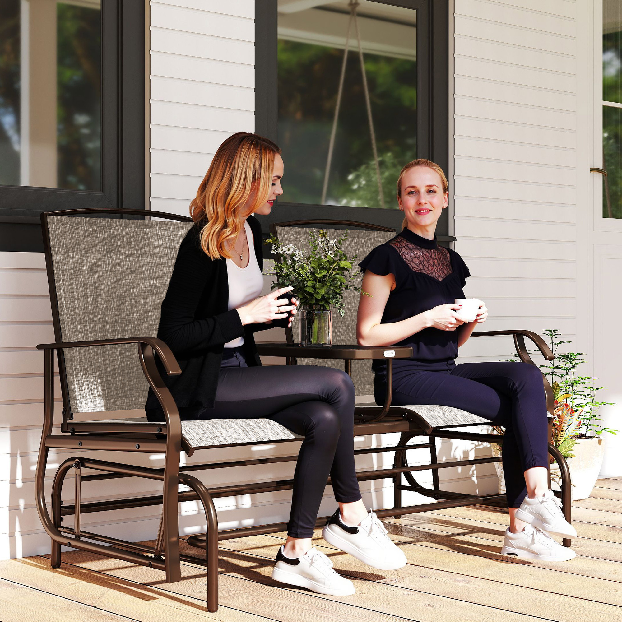 Outsunny Outdoor Glider Bench with Coffee Table, 2 Person Modern Gliding Chair with Metal Frame for Patio, Garden, Porch, Flaxen Aosom Canada