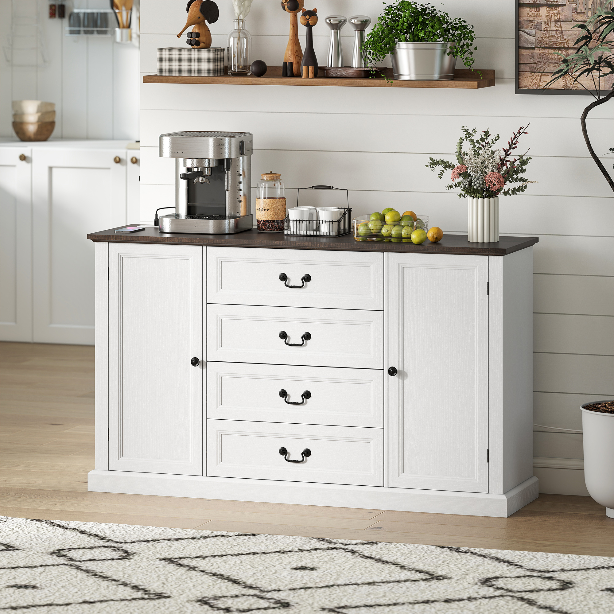 HOMCOM Farmhouse Sideboard with Charging Station, 58" Buffet Cabinet, Kitchen Storage Cabinet with 4 Drawers, 2 Doors, White Aosom Canada