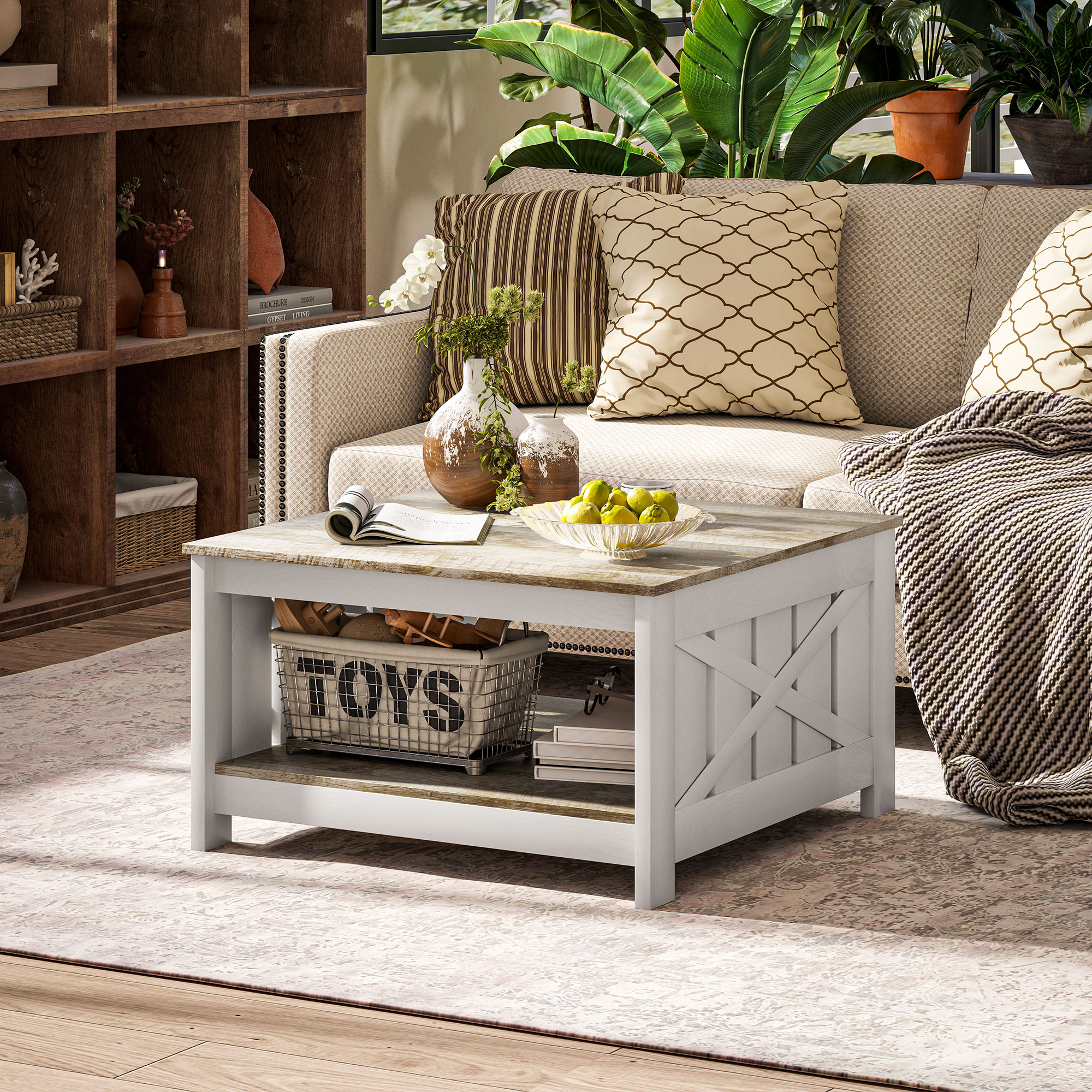 HOMCOM 31.5" Square Coffee Table, Farmhouse 2-Tier Center Table for Living Room, Distressed Oak and Brown Aosom Canada