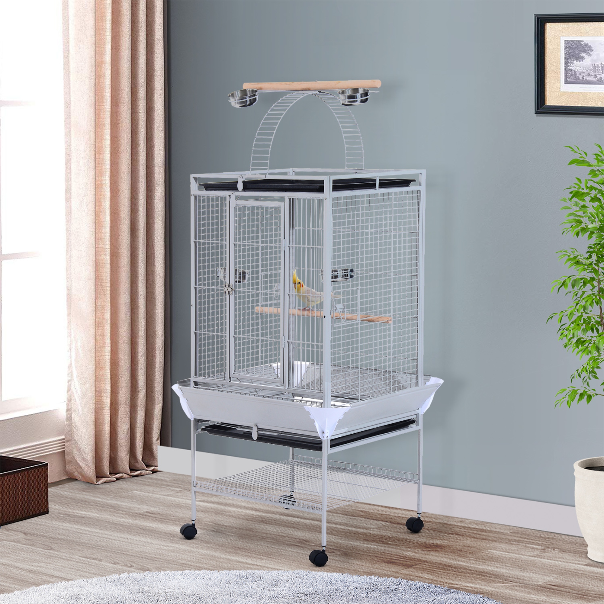 PawHut 63.5" Large Bird Parrot Cage Stand Finch Feeder Play Top House Perch Bowl Wheels, Silver Aosom Canada