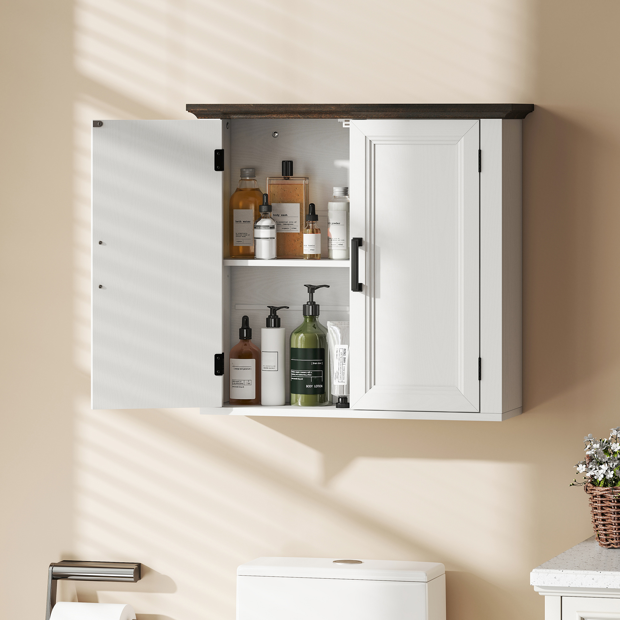 HOMCOM Bathroom Wall Cabinet, Farmhouse Medicine Cabinet Wall Mounted with 2 Doors and Adjustable Shelf, White Aosom Canada