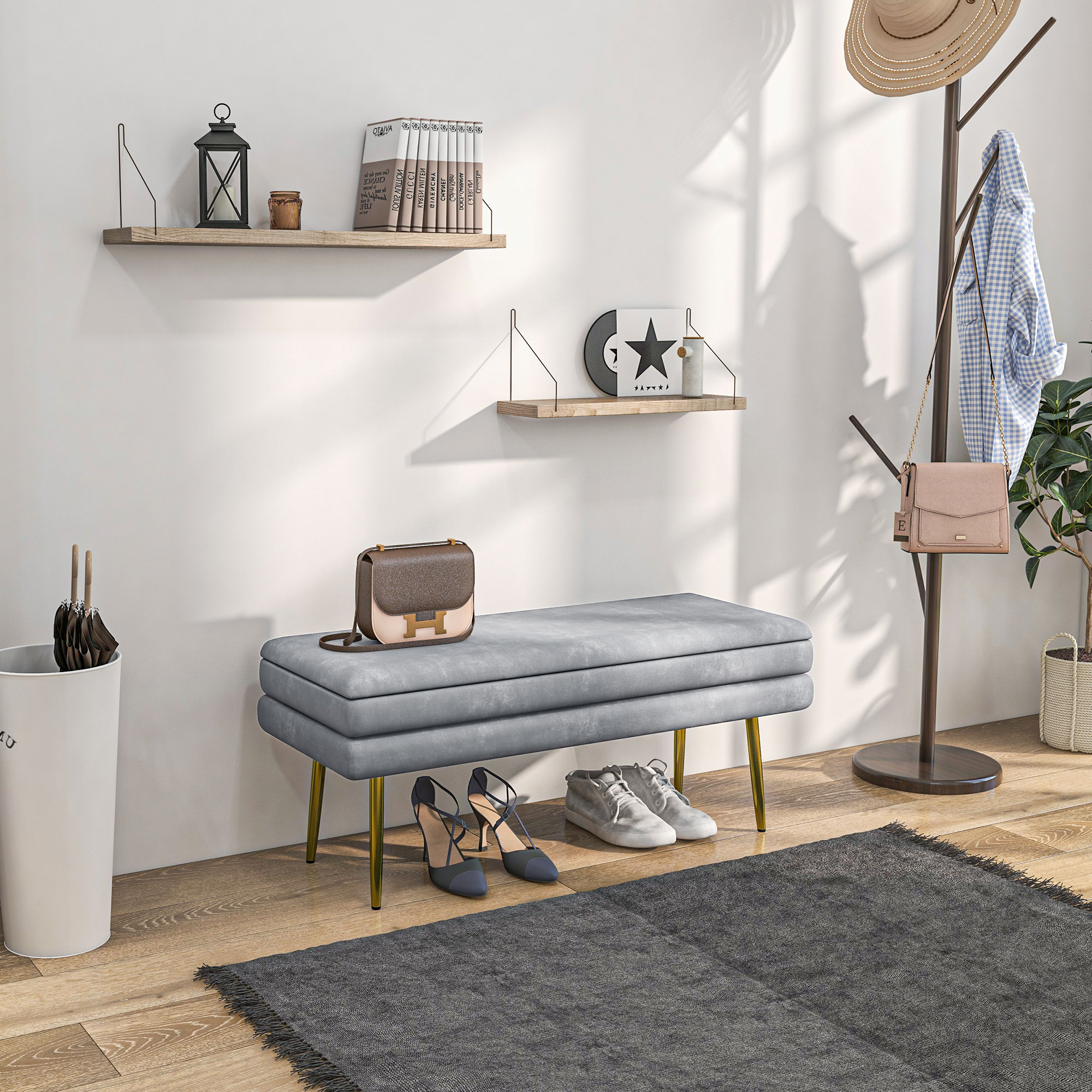 HOMCOM Luxe End of Bed Bench: Dark Grey Velvet-feel Upholstered Padded Seat, Steel Legs, Modern Bedroom Furniture Aosom Canada