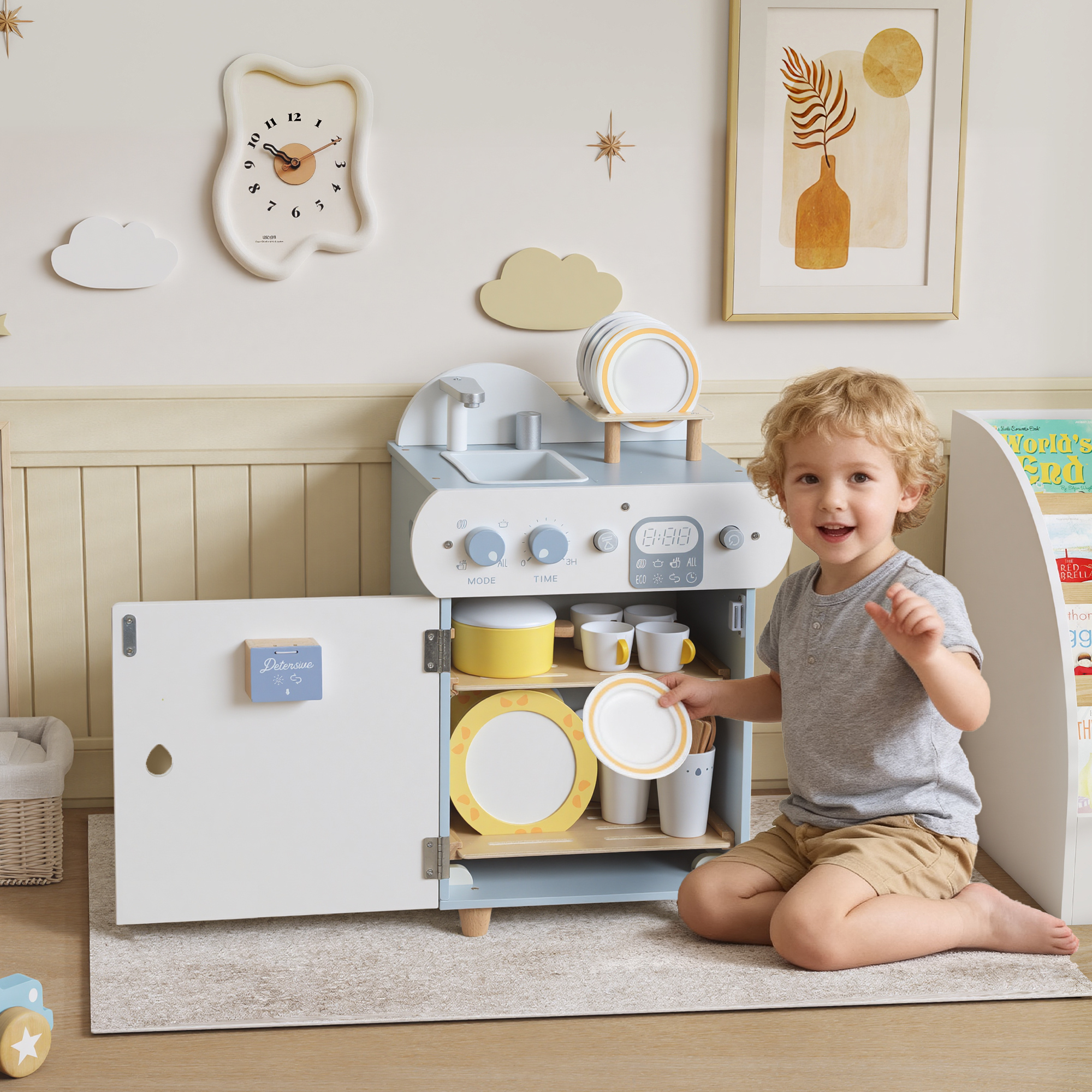 Qaba Wooden Dishwasher Playset, Play Sink Toys with Faucet, Turning Knobs and Accessories, Gift for Boys Girls Toddlers Aosom Canada