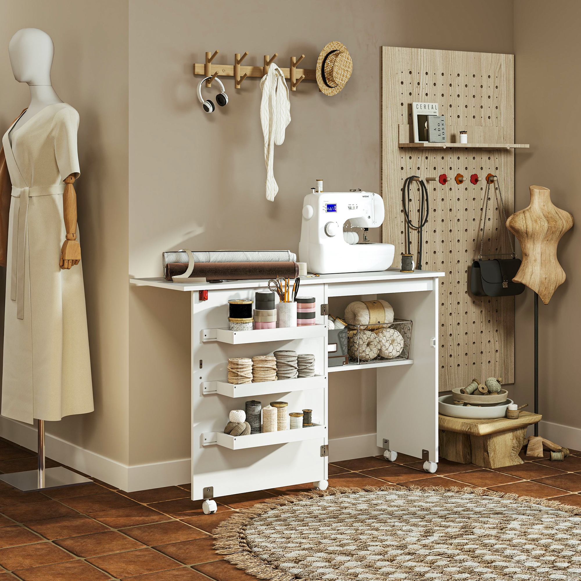 HOMCOM Sewing Machine Cabinet, Folding Sewing Table with Storage Shelf, Bins and Lockable Wheels for Small Space, White Aosom Canada