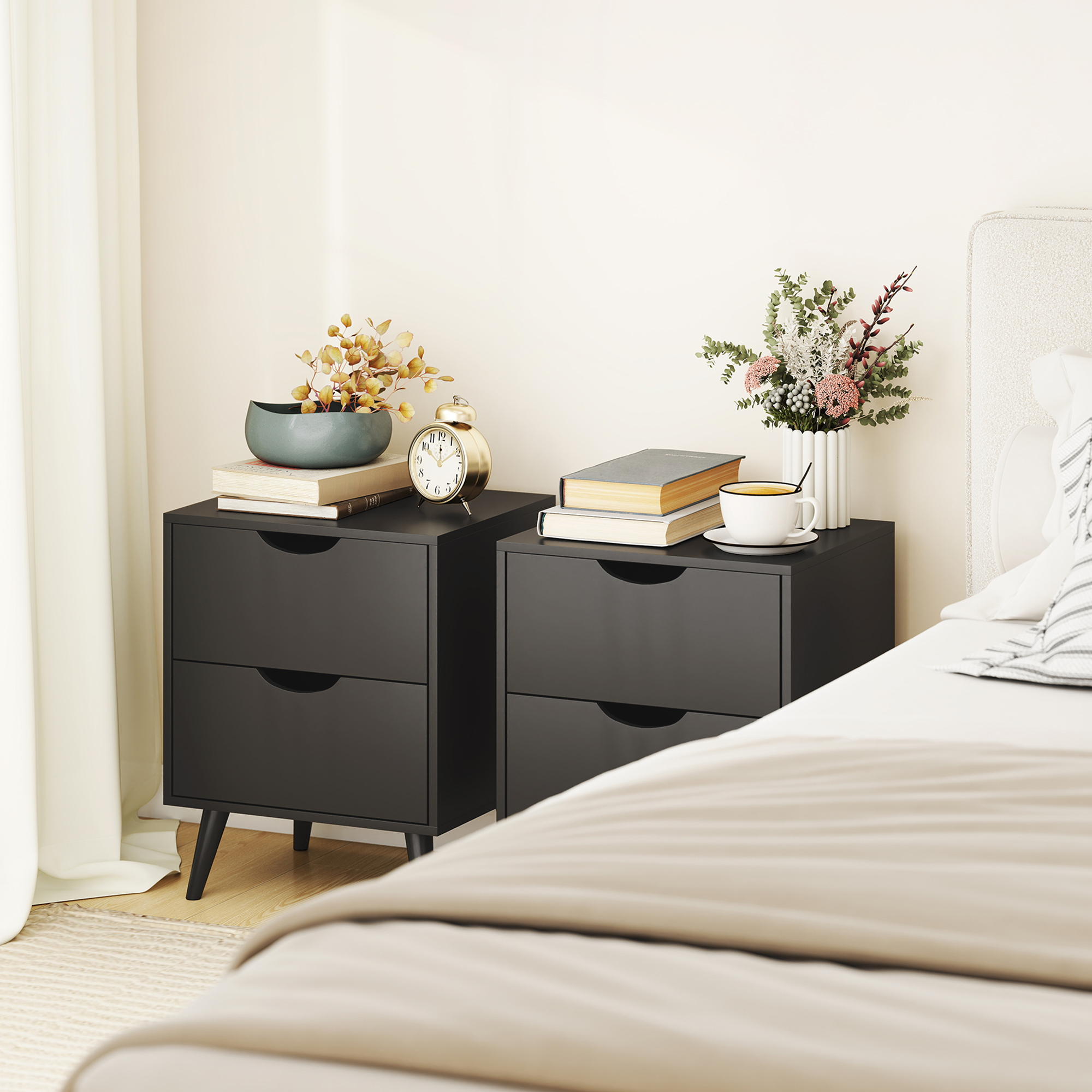 HOMCOM Modern Bedside Table Set of 2, Nightstand with 2 Drawers and Pine Wood Legs for Bedroom, Living Room, Black Aosom Canada
