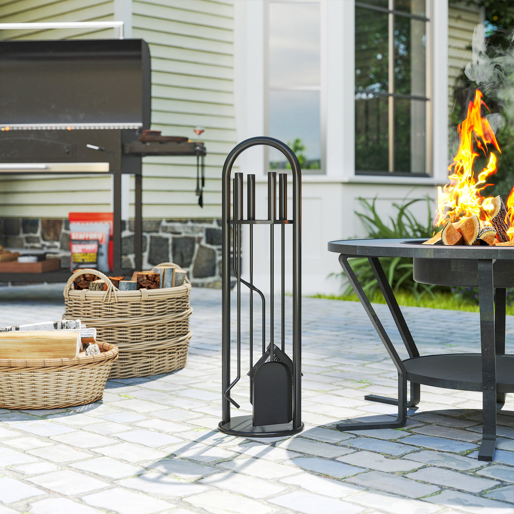 Outsunny Fireplace Tools Set, 5 Pieces Fireside Accessories with Brush, Shovel, Poker, A Pair of Tongs, Stand, Black Aosom Canada