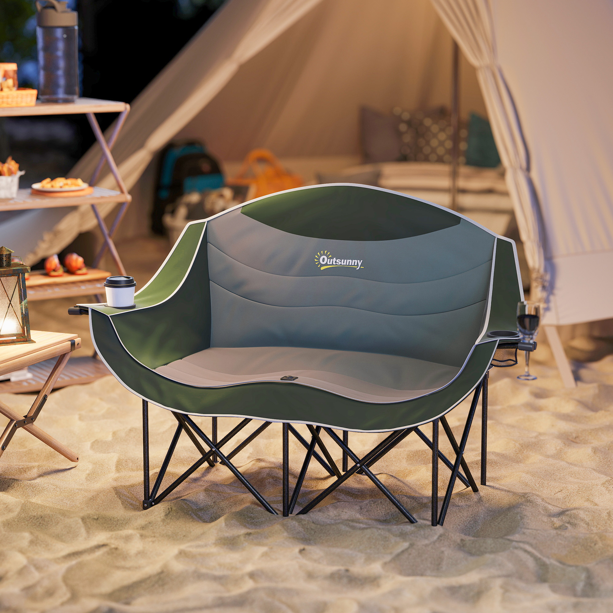 Outsunny Portable Camp Chair, Double Camping Chair with Cup Holders and Carry Bag, Support 551 lbs, Dark Green | Aosom Canada