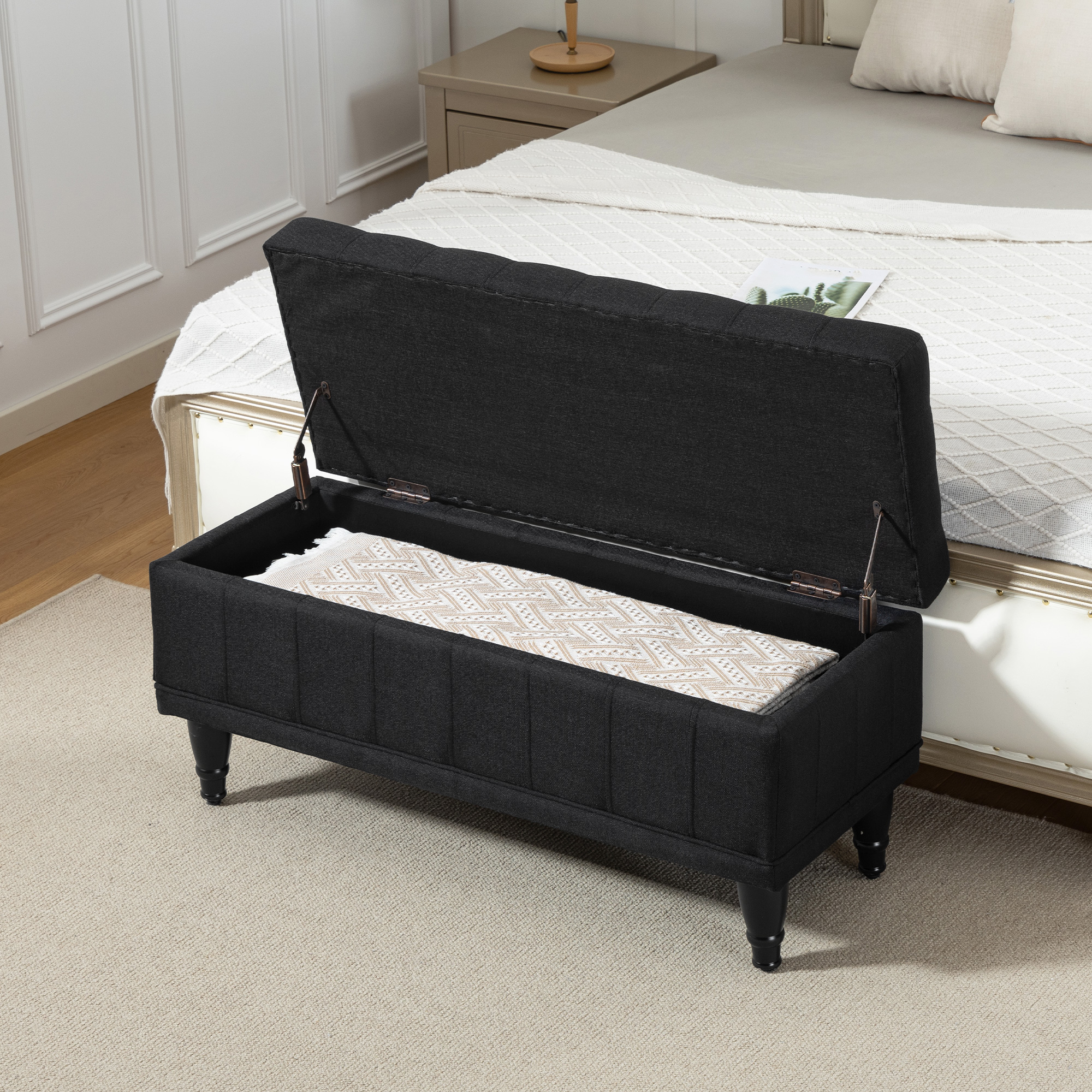HOMCOM Storage Ottoman, Linen Fabric End of Bed Bench with Button Tufted Storage Bench for Bedroom, Black Aosom Canada