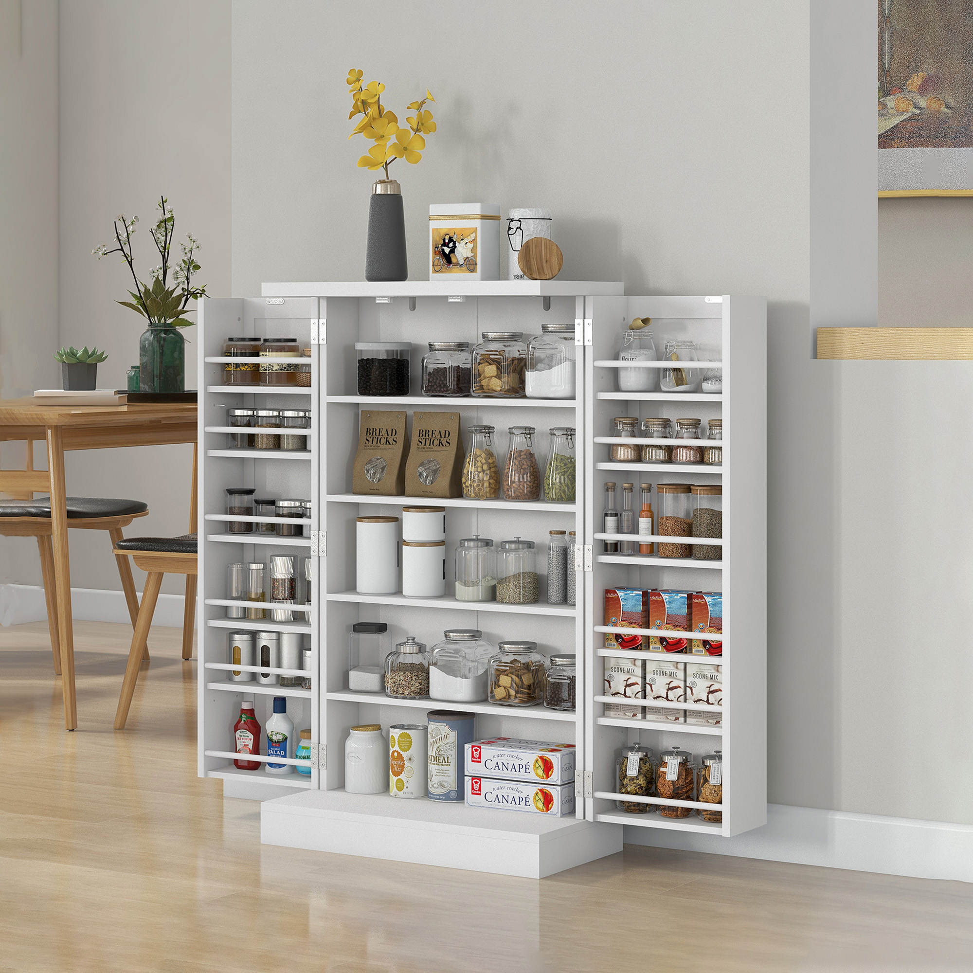 HOMCOM White Kitchen Pantry Storage Cabinet: Freestanding Cabinet with 5-Tier Shelf, 12 Spice Racks and Adjustable Shelves Aosom Canada