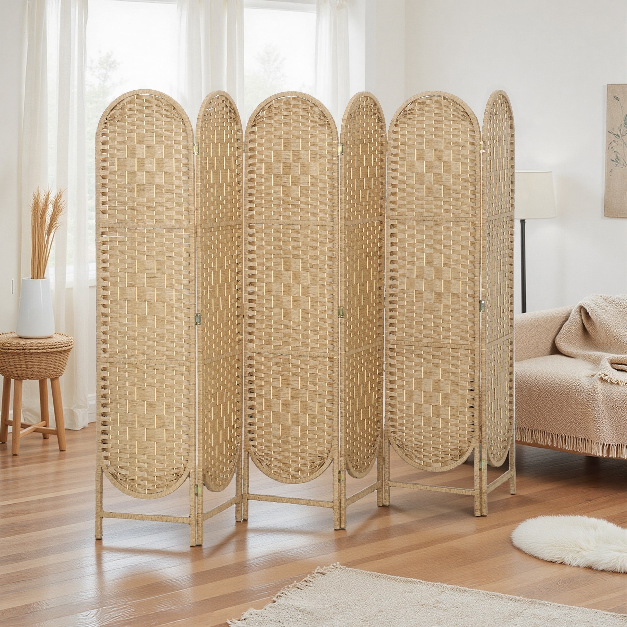 HOMCOM Bohemian Privacy Screen, Folding Room Divider with 6 Panels and Arched Top for Bedroom Living Room Office, Natural Wood Aosom Canada