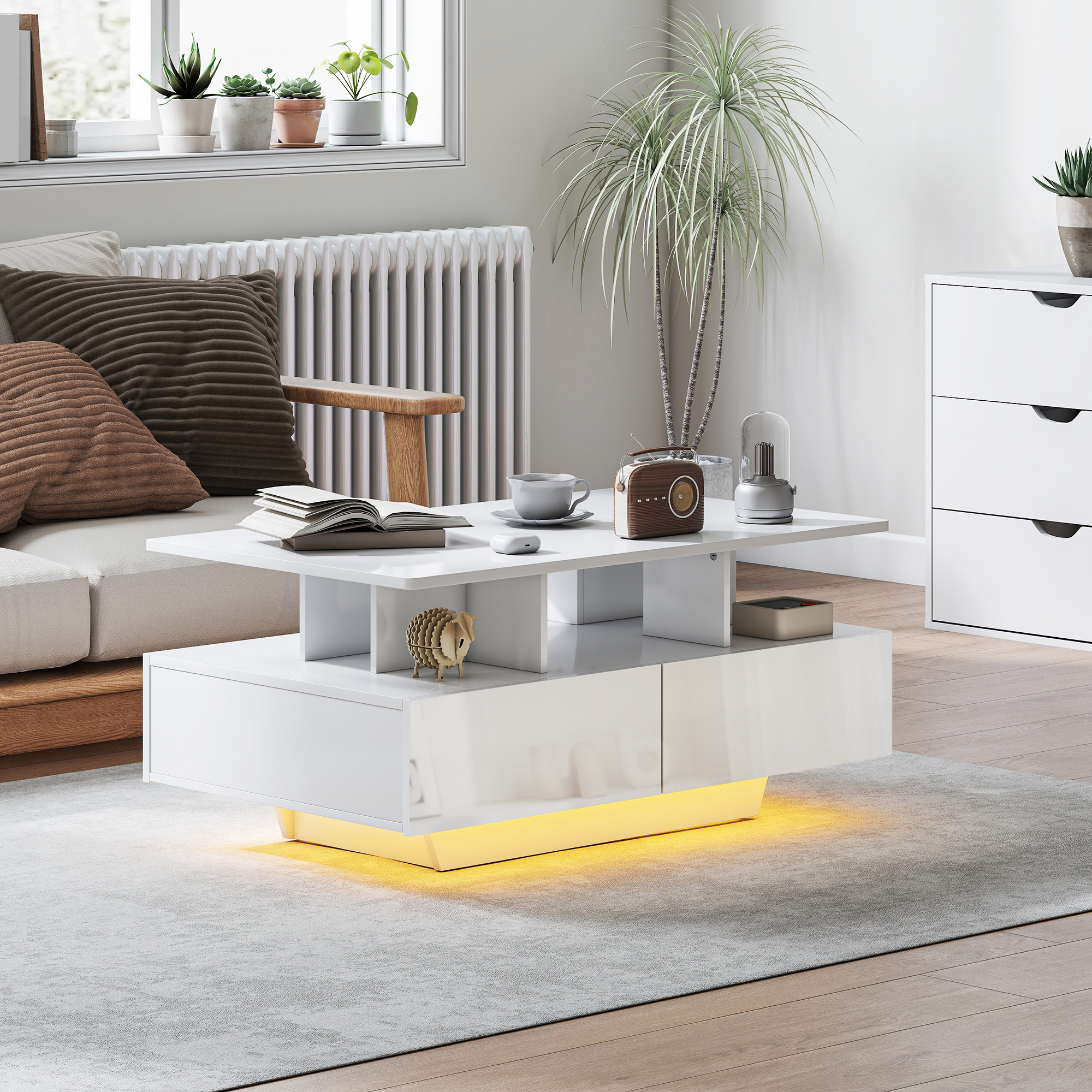 HOMCOM Coffee Table with RGB LED Lights, Modern Living Room Table with 4 Drawers, Open Shelf, Remote Control, High Gloss White Aosom Canada