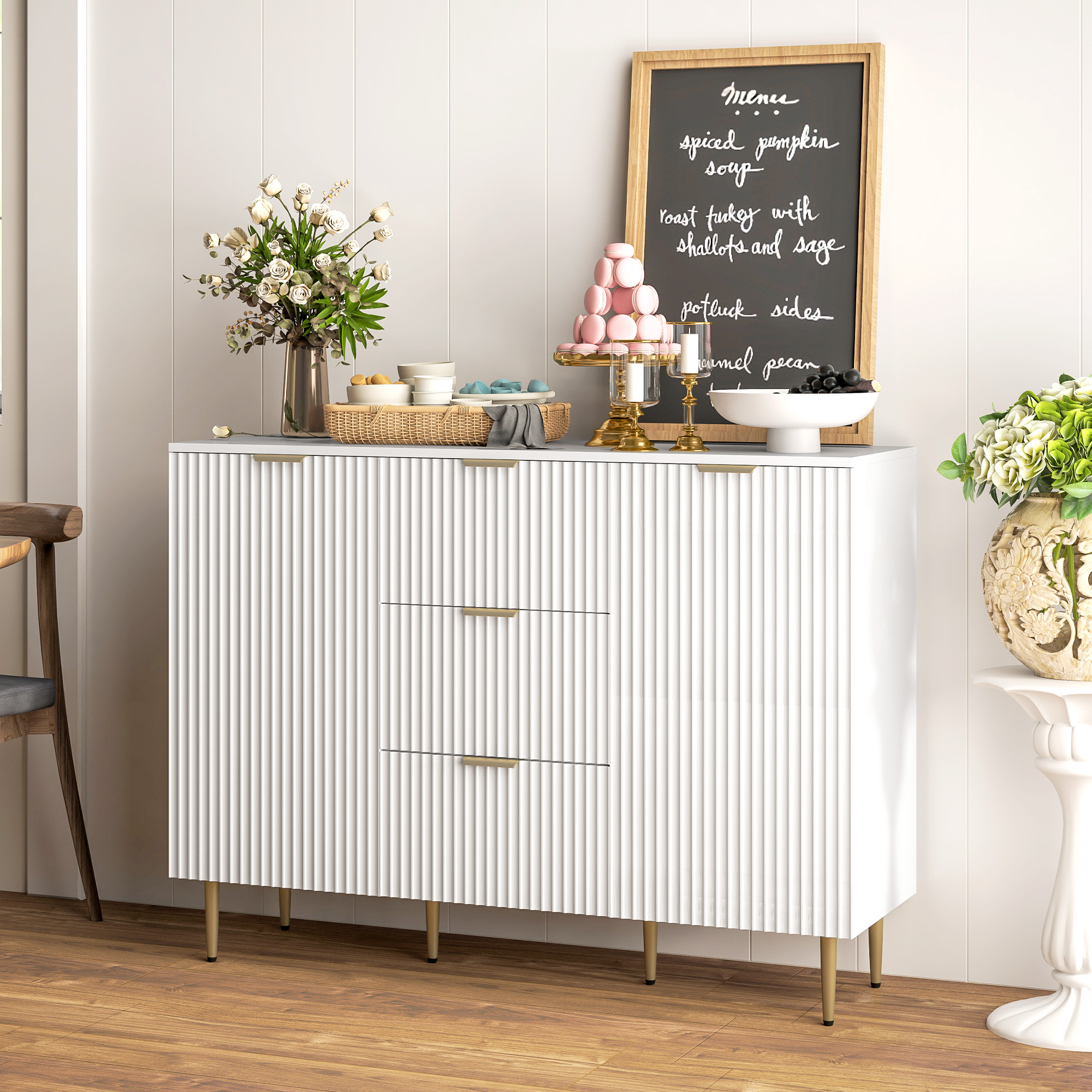 HOMCOM Modern Kitchen Storage Cabinet, Sideboard Buffet Cabinet w/ 3 Drawers and Adjustable Shelves for Kitchen Hallway, White Aosom Canada