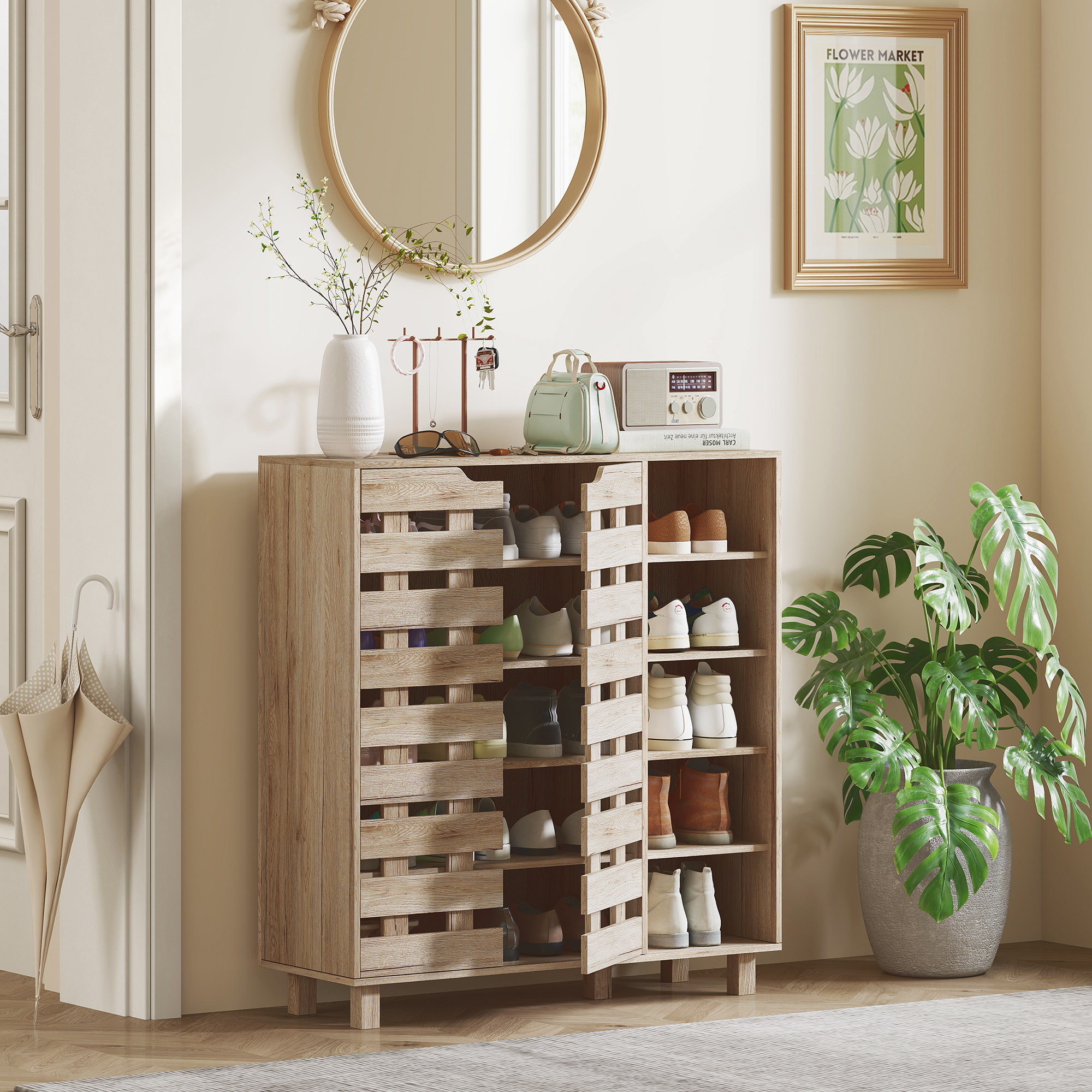 HOMCOM Shoe Cabinet, 21 Pair Shoe Storage Cabinet Organizer with 5-tier Double Door Cabinet and 5-tier Open Shelves, Beige Aosom Canada