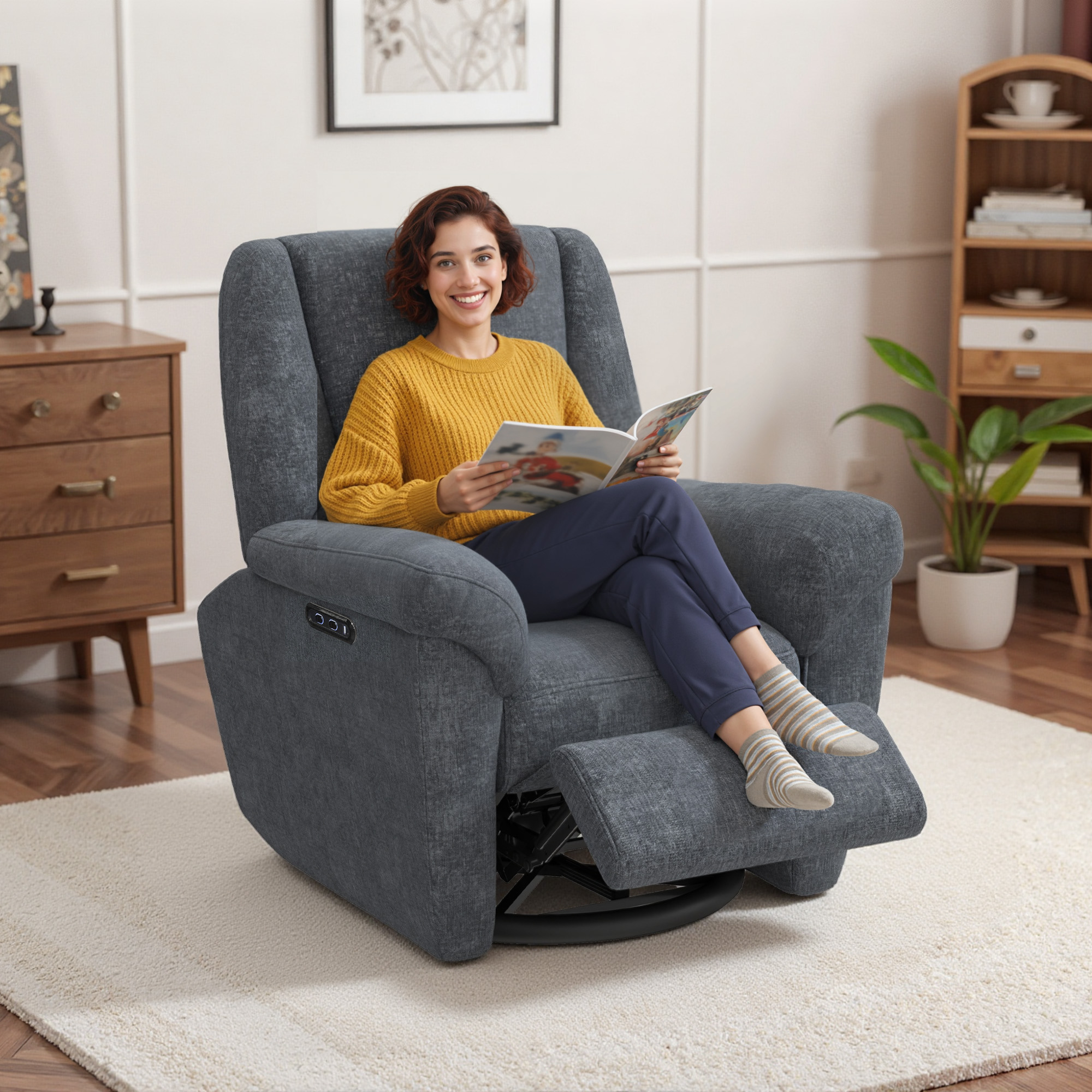 HOMCOM Power Recliner Chair, Fabric Upholstered Recliner Chair with USB Ports, Swivel and Rocking Function, Footrest, Dark Grey Aosom Canada