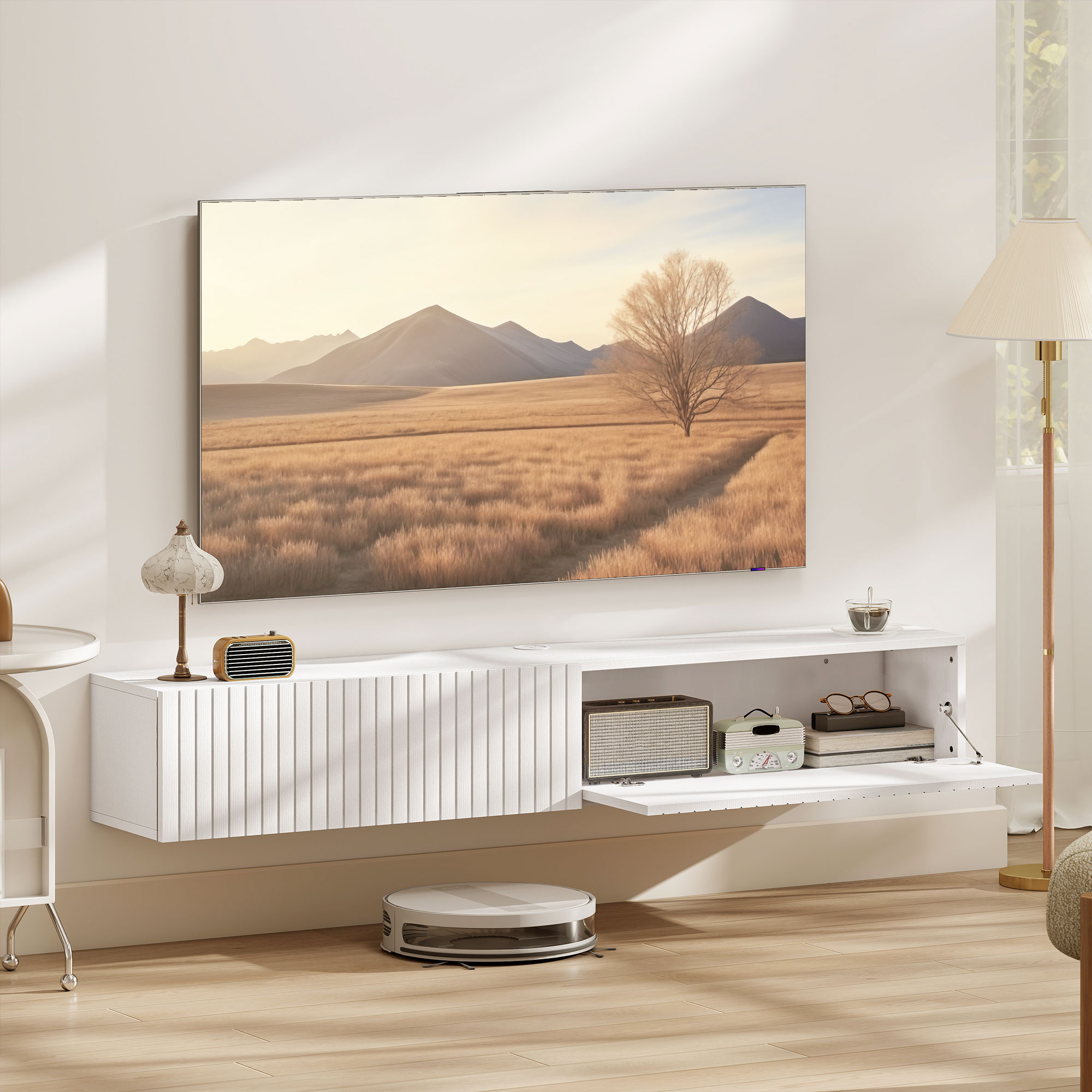 HOMCOM 55" Floating TV Stand for TVs up to 72 Inch, Wall Mount Media Console with 2 Fluted Flip-Down Doors, Cable Hole, White Aosom Canada