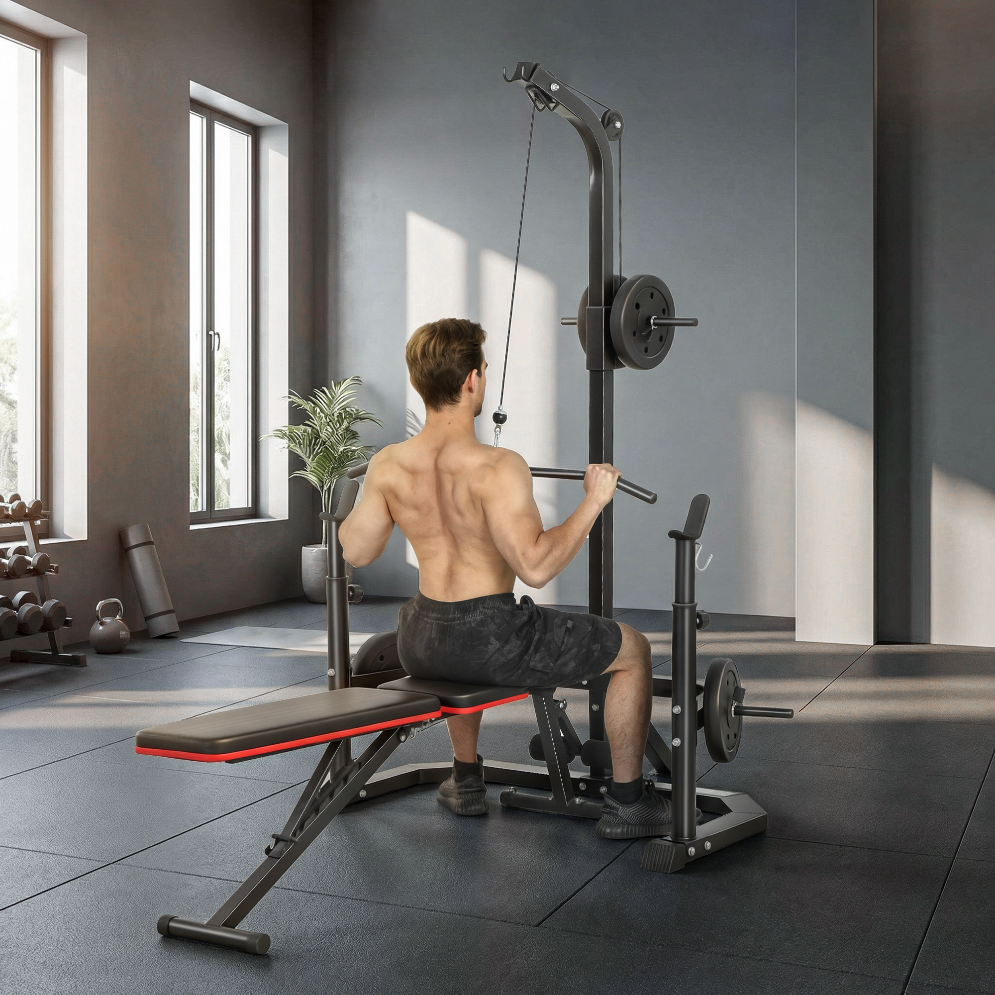 Soozier Cable Machine, Multi-Function Bench Press Rack with Weight Plate Holders, Lat-Pull Down System, Black Aosom Canada