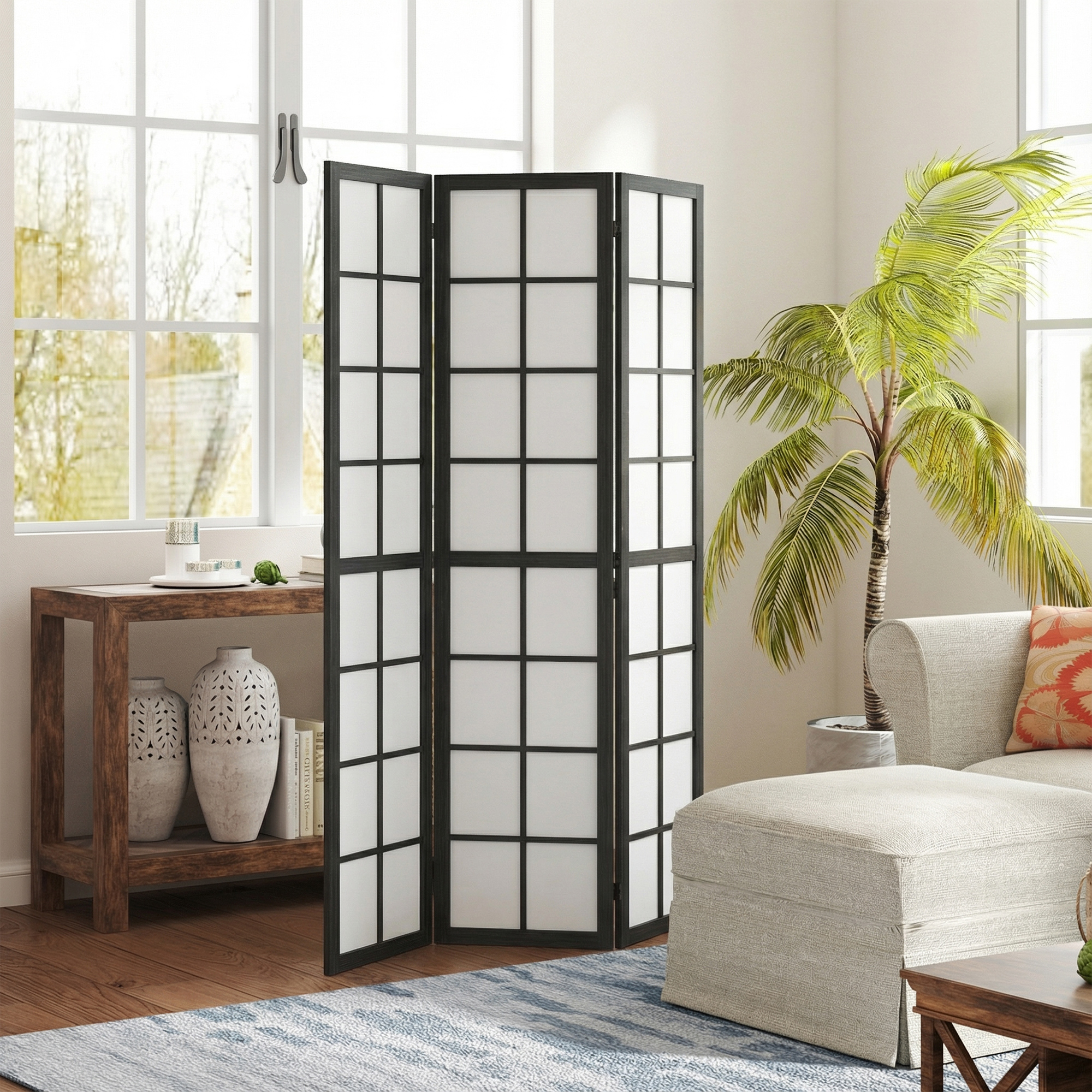 HOMCOM 5.6 ft Folding Room Divider, 3 Panel Wall Divider with Pine Wood Frame, Lightweight, Unidirectional Fold, Black Aosom Canada