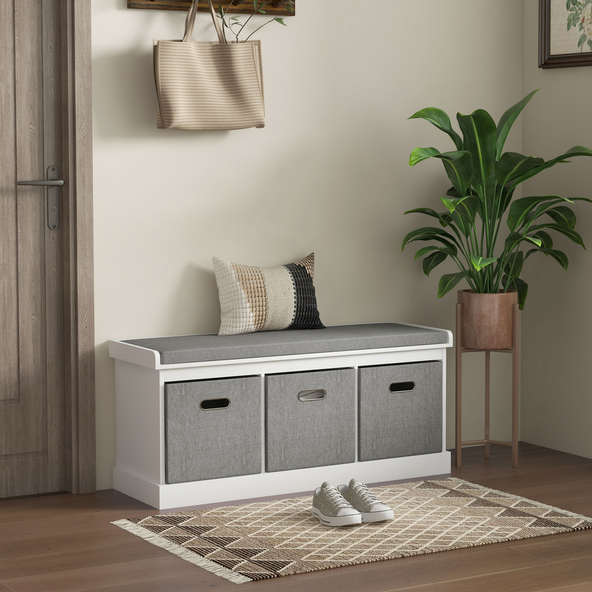 HOMCOM Shoe Storage Entryway Bench Seat with Cushion 3 Fabric Drawers for Hallway White Aosom Canada