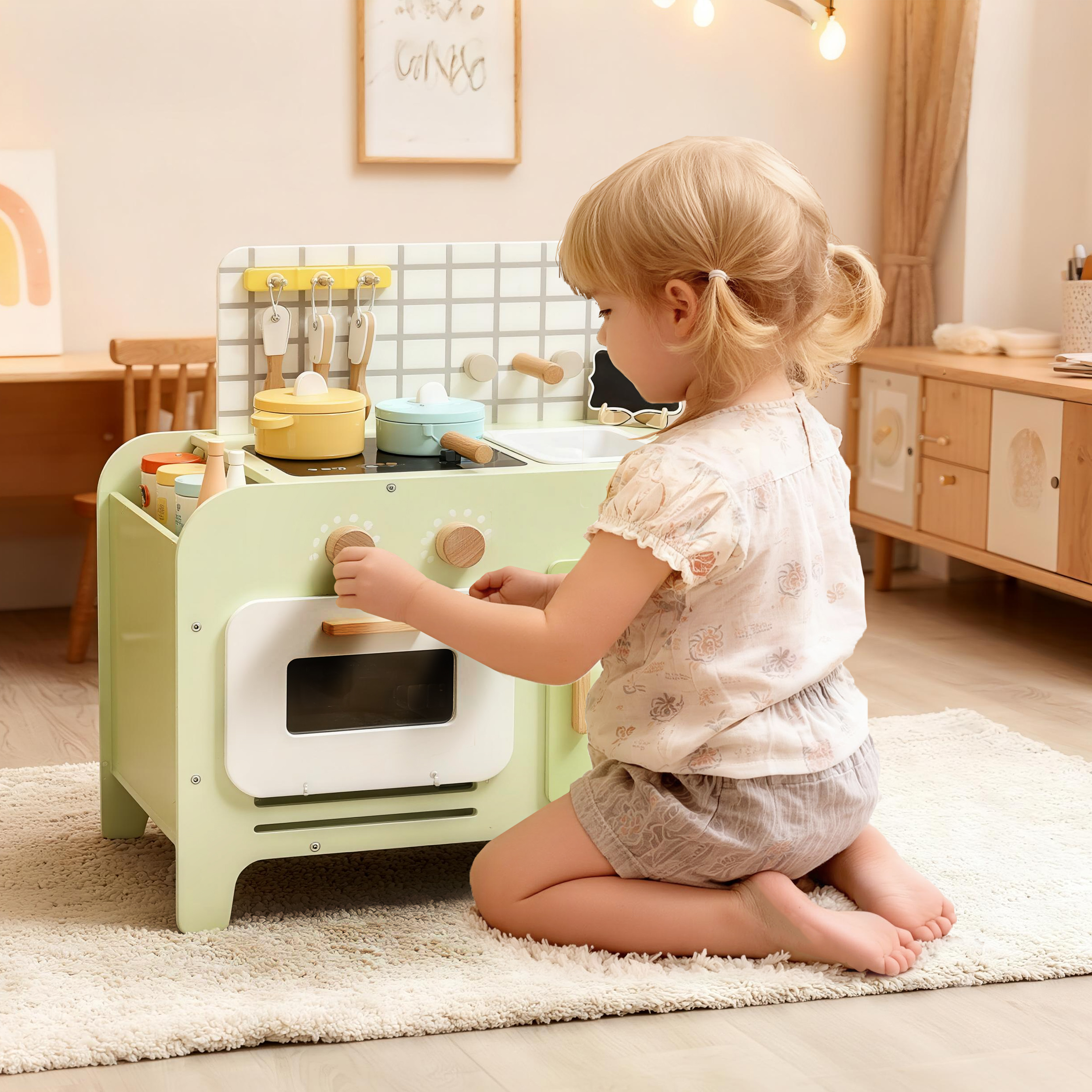 Qaba Kids Kitchen Playset with 15 Accessories, Microwave Oven, Cabinets, for Boys and Girls Ages 3+, Green Aosom Canada