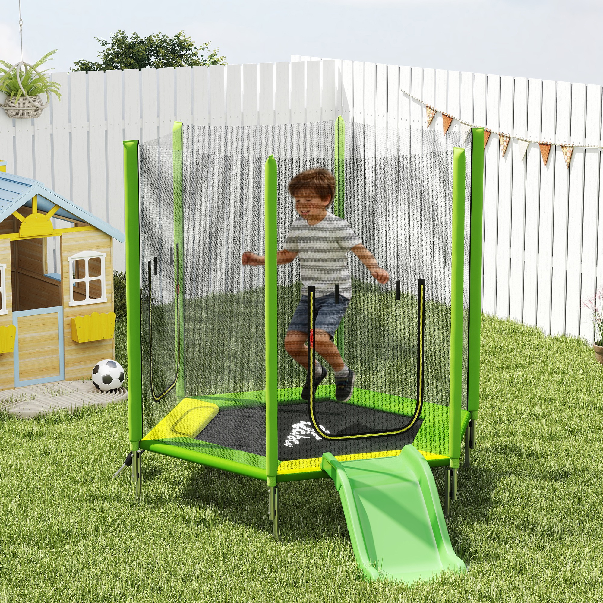 Qaba 85" Trampoline for Kids with Safety Enclosure, Toddler Trampoline with Slide Ladder for Ages 3+, Green Aosom Canada