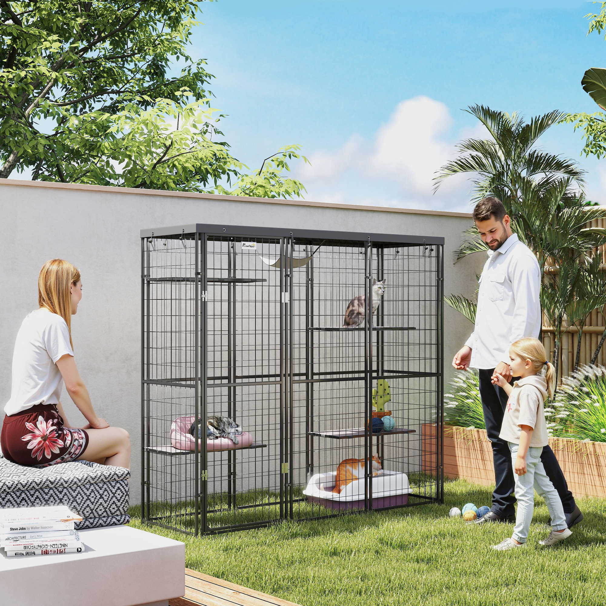 PawHut Weld Wire Catio Outdoor Indoor with Waterproof Cover, 4 Jumping Platforms, Hammock, 69" x 22" x 62", Black Aosom Canada