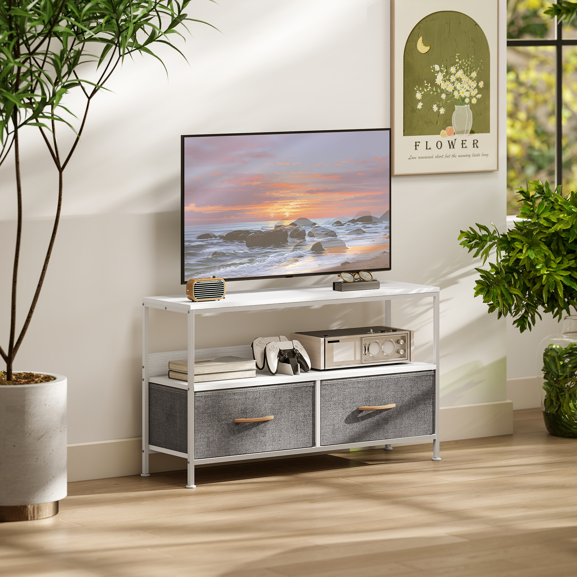 HOMCOM TV Table with Charging Station, TV Cabinet with 2 Foldable Linen Drawers and Open Shelf for 47 Inch Television, White Aosom Canada