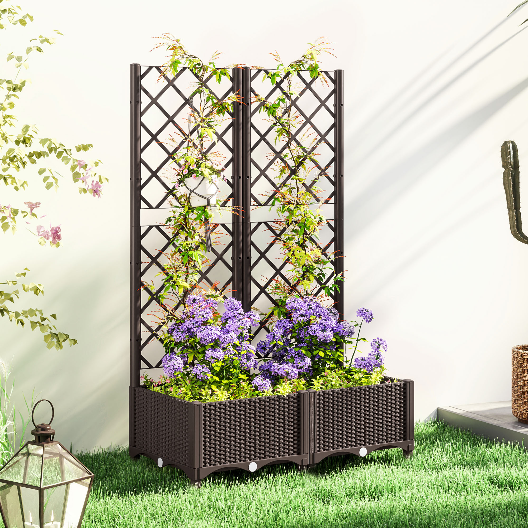 Outsunny Raised Garden Bed with Trellis, Plastic Raised Flower Bed with Drainage Holes and Drain Plugs Aosom Canada