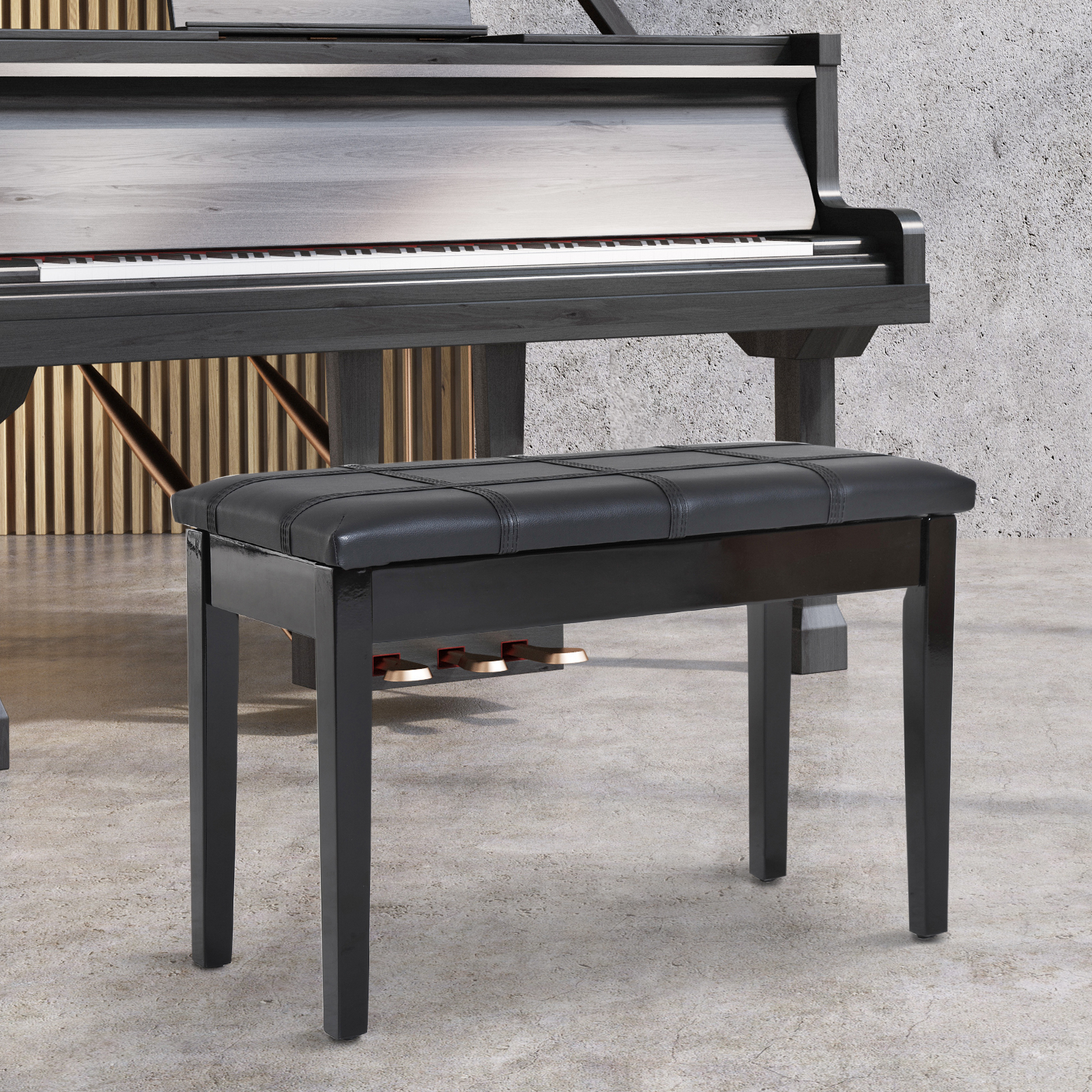 HOMCOM Duet Piano Bench Wooden Storage Bench Two Person Padded Keyboard Seat Birchwood PU Leather Lift Top Black Aosom Canada