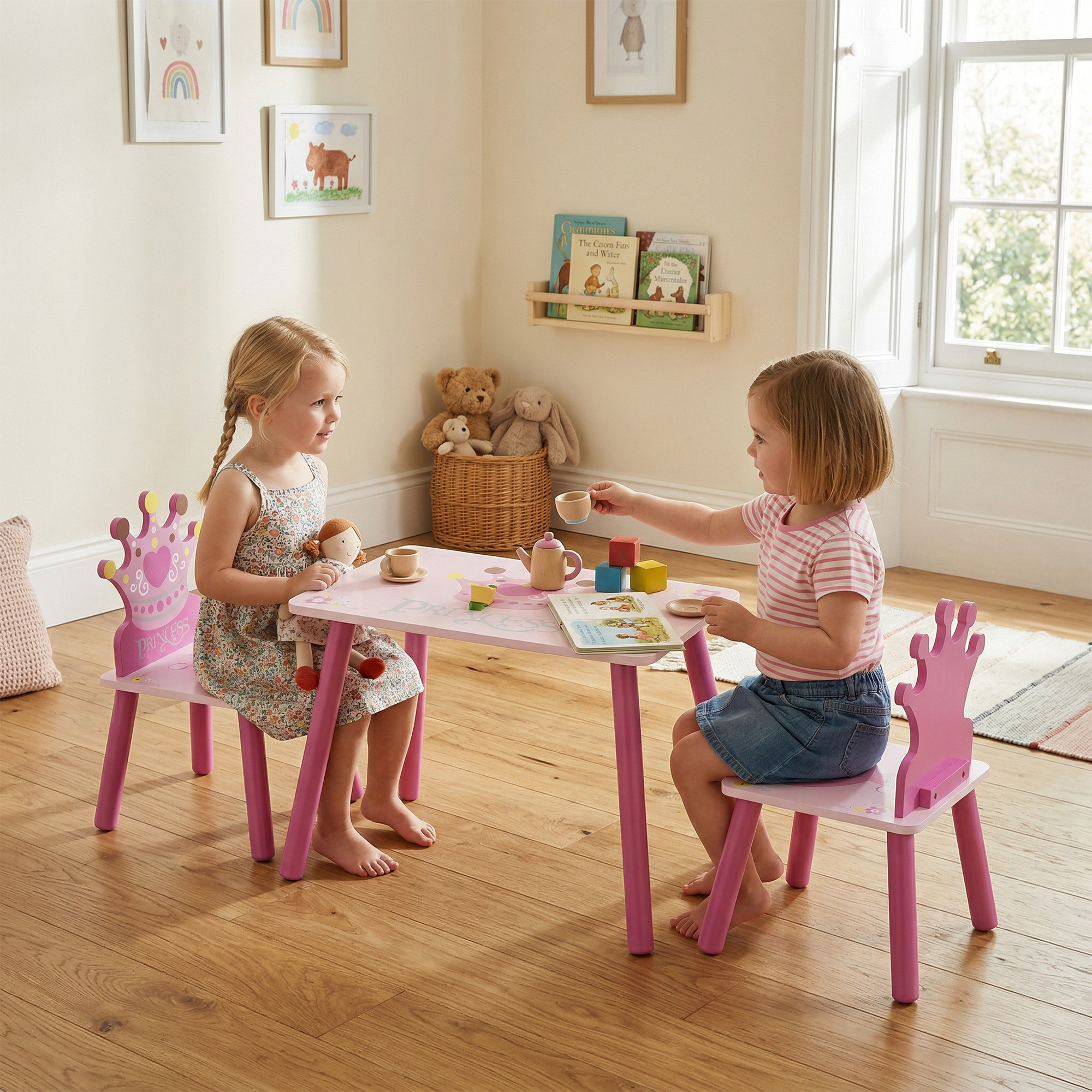 Qaba Petite Princess: 3-Piece Wooden Table and Chair Set with Crown Pattern, Pink Finish for Girls Aosom Canada