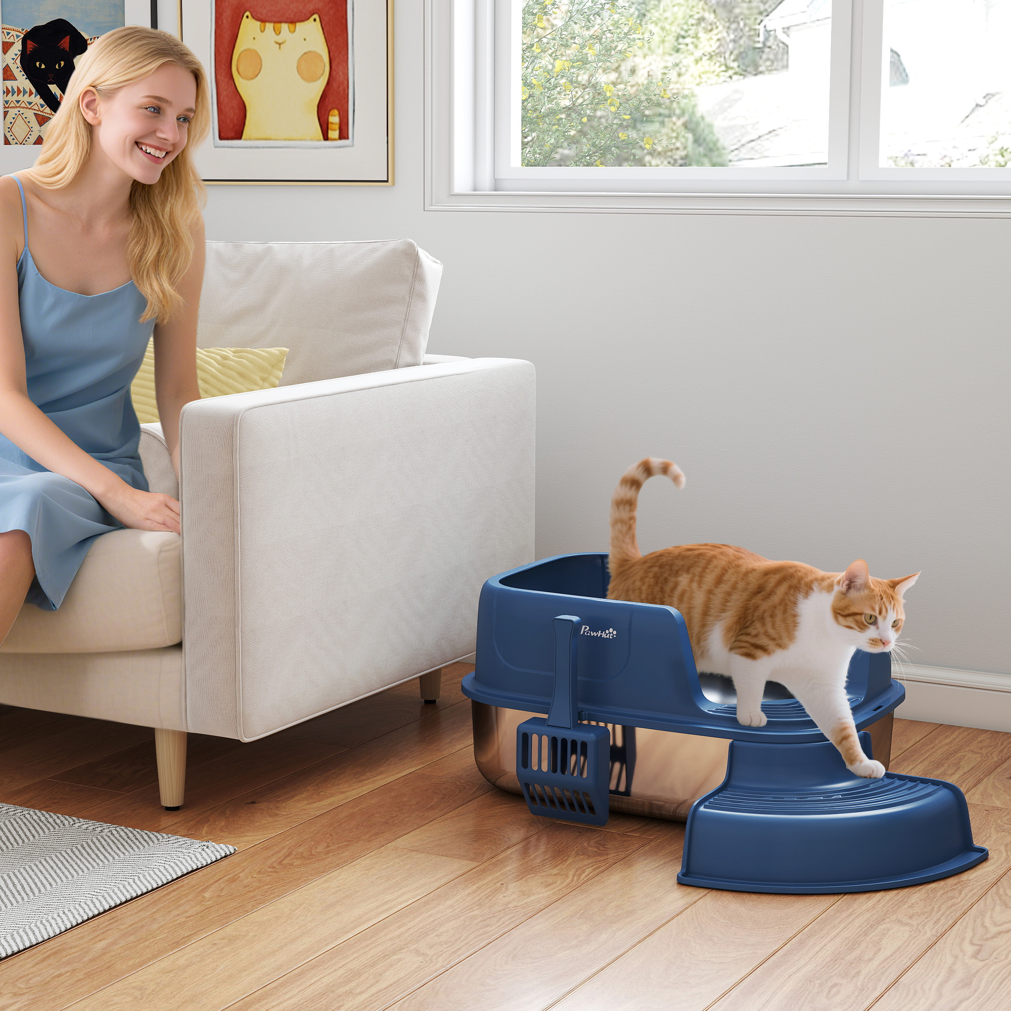 PawHut Stainless Steel Litter Box, Cat Litter Box with High Side and Scoop, Anti-Leakage, Easy to Clean, Navy Blue Aosom Canada