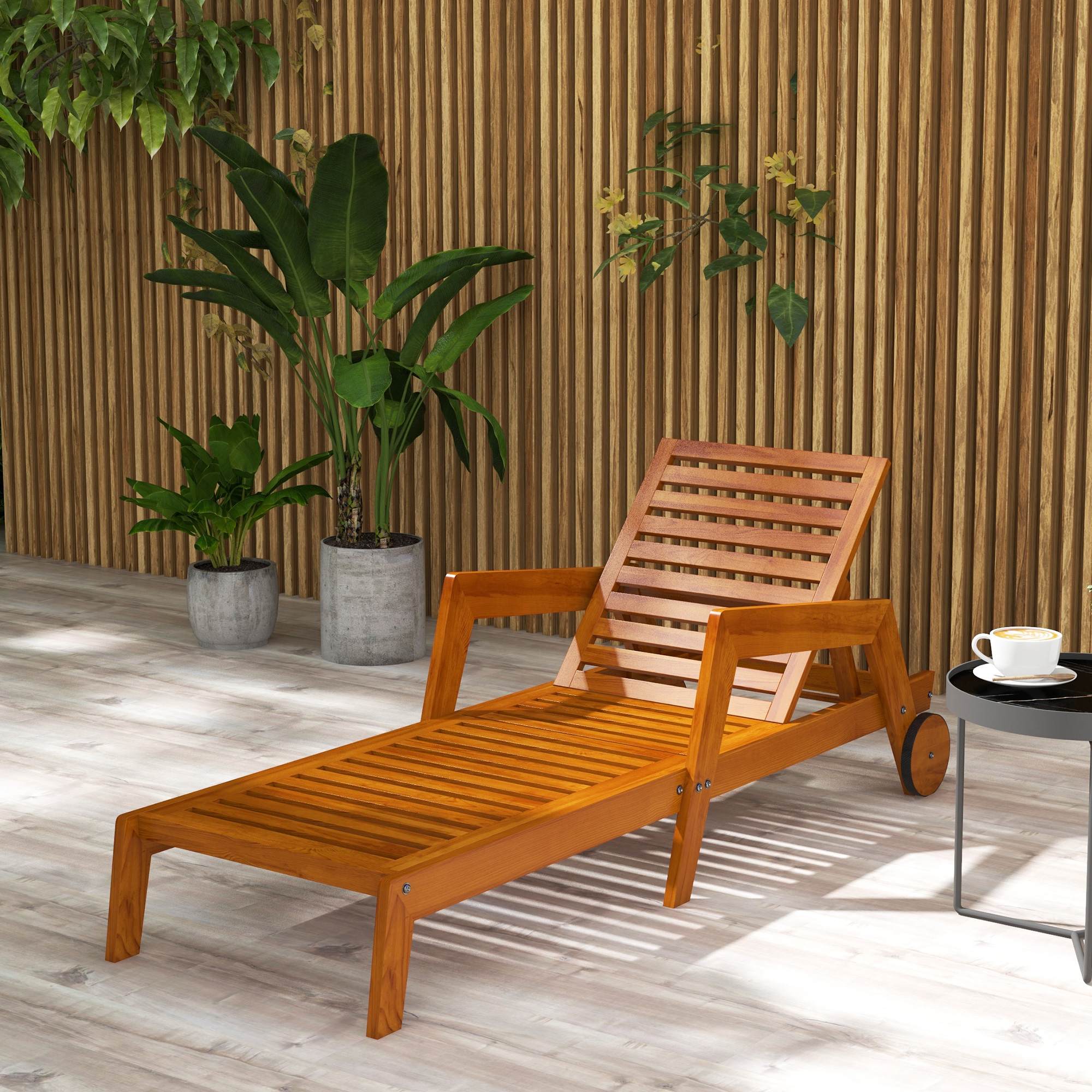 Outsunny Wood Lounge Chair Outdoor Tanning Chair with Wheels, 3-Position Adjustable Backrest and Armrests, Orange Aosom Canada