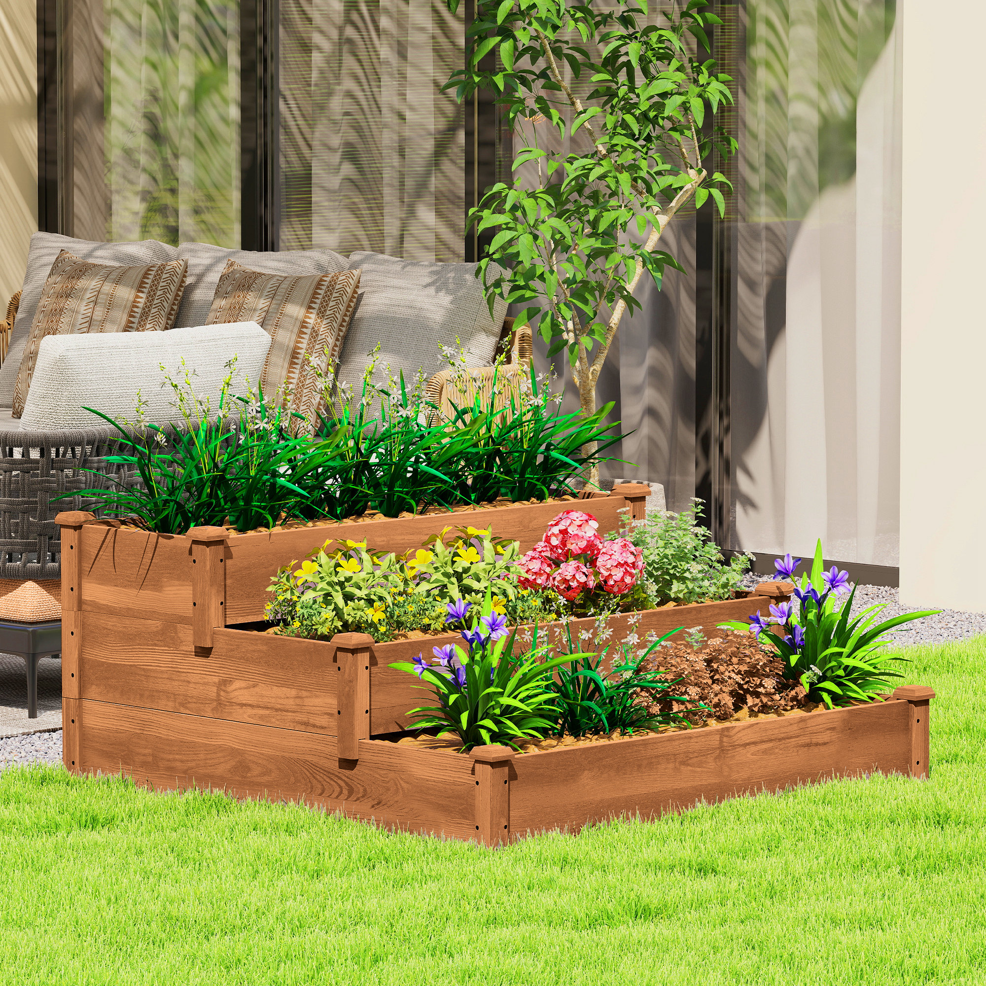 Outsunny 3-Tier Garden Bed Planter Box for Backyard, Patio, 49"x49"x22", Brown Aosom Canada