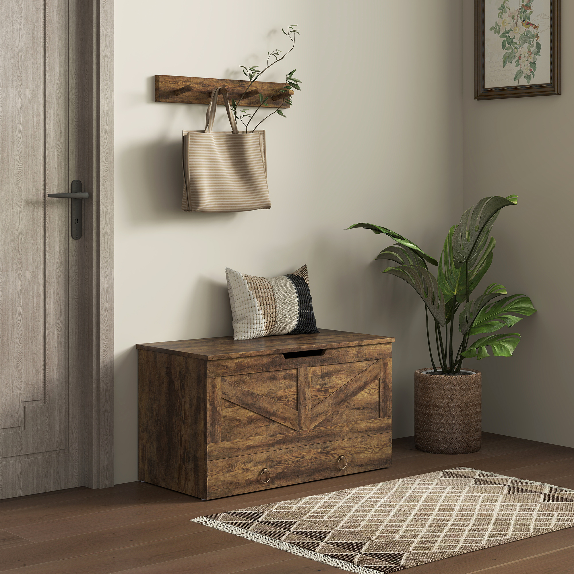HOMCOM 31.5 Inches Storage Chest, Storage Trunk with 2 Safety Hinges, Wooden Box for Living Room, Rustic Brown Aosom Canada