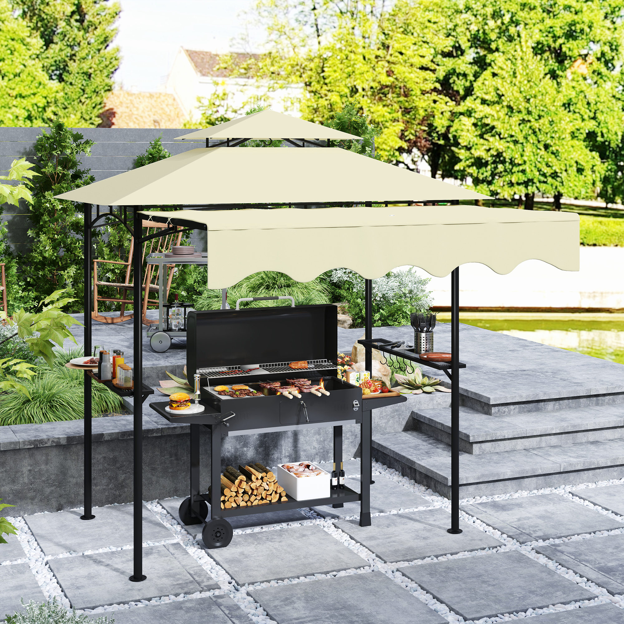 Outsunny 8' x 5' Grill Gazebo, Double Tiered Barbecue Grill Gazebo Shelter with Side Awning, 2 Side Shelves, 6 Hooks, Beige Aosom Canada